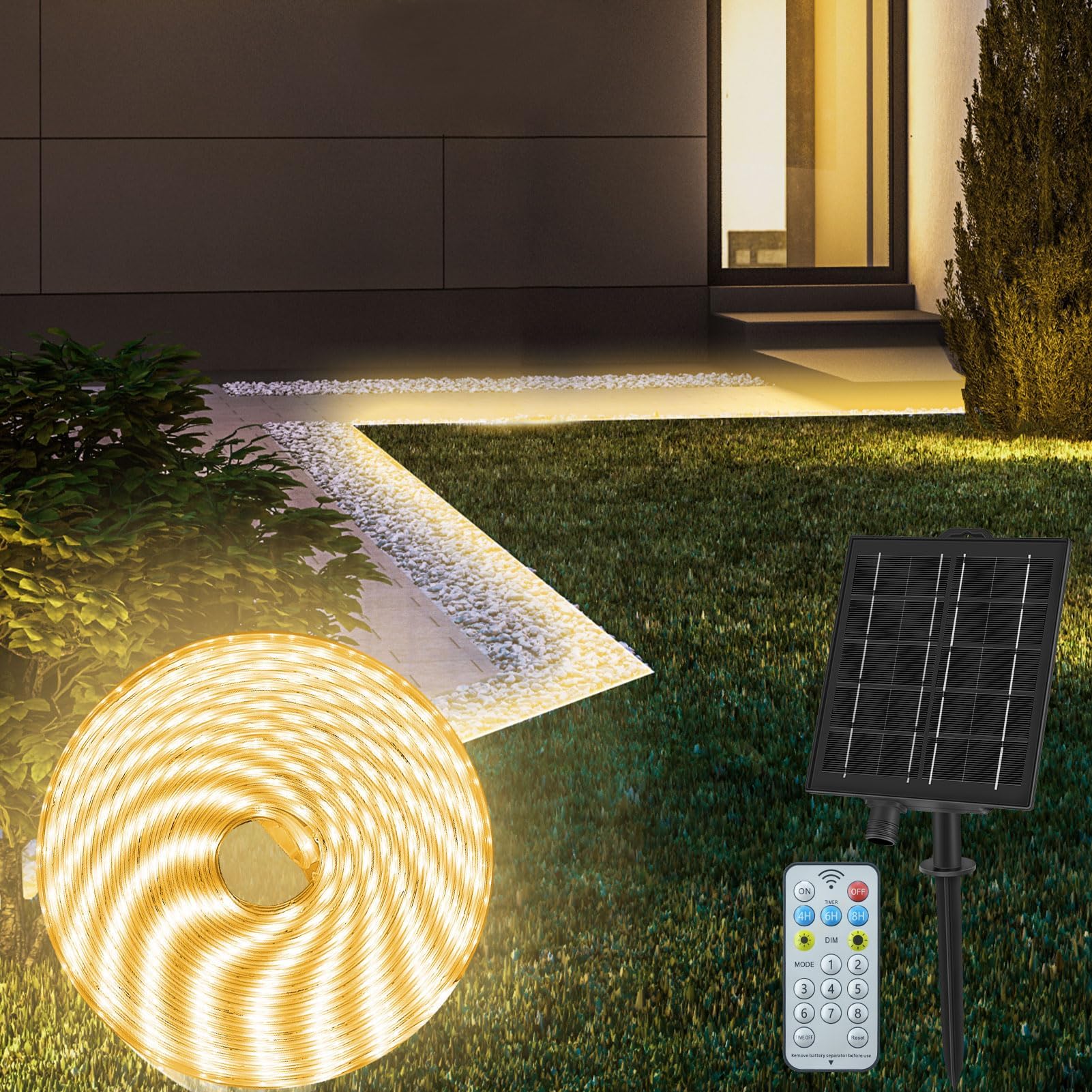 10M Solar LED Strip Lights Outdoor, IP68 Waterproof Light Strip with 8 Modes Remote Dimmable Flexible Sleeve Strip for Garden Porch Patio Gazebo Decor - Warm White