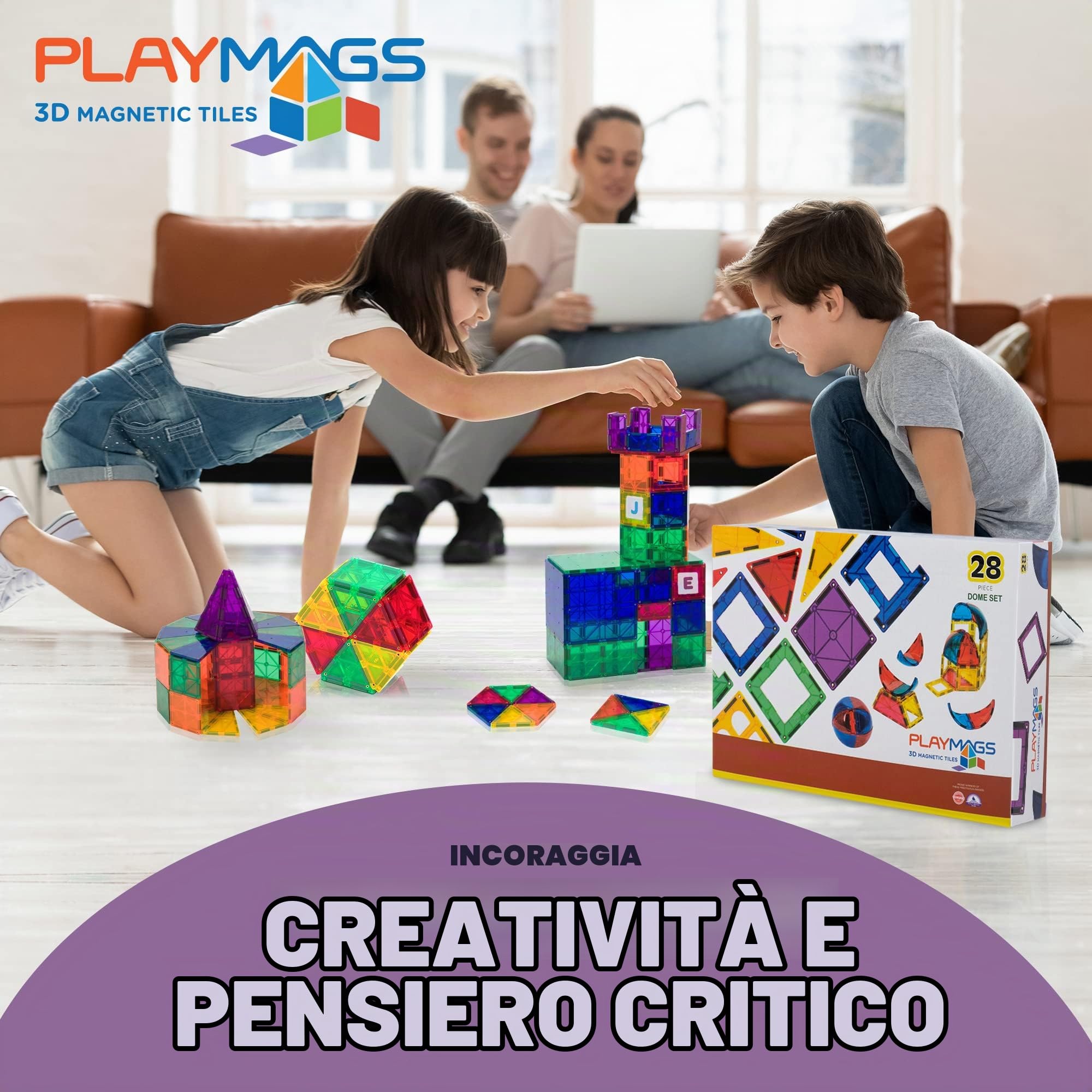 Playmags Blocchi magnetici 28pcs 3D per i Bambini - Impara Forme, Colori, e Alfabeto STEM Giocattoli magnetici Sviluppare capacità motorie e creatività