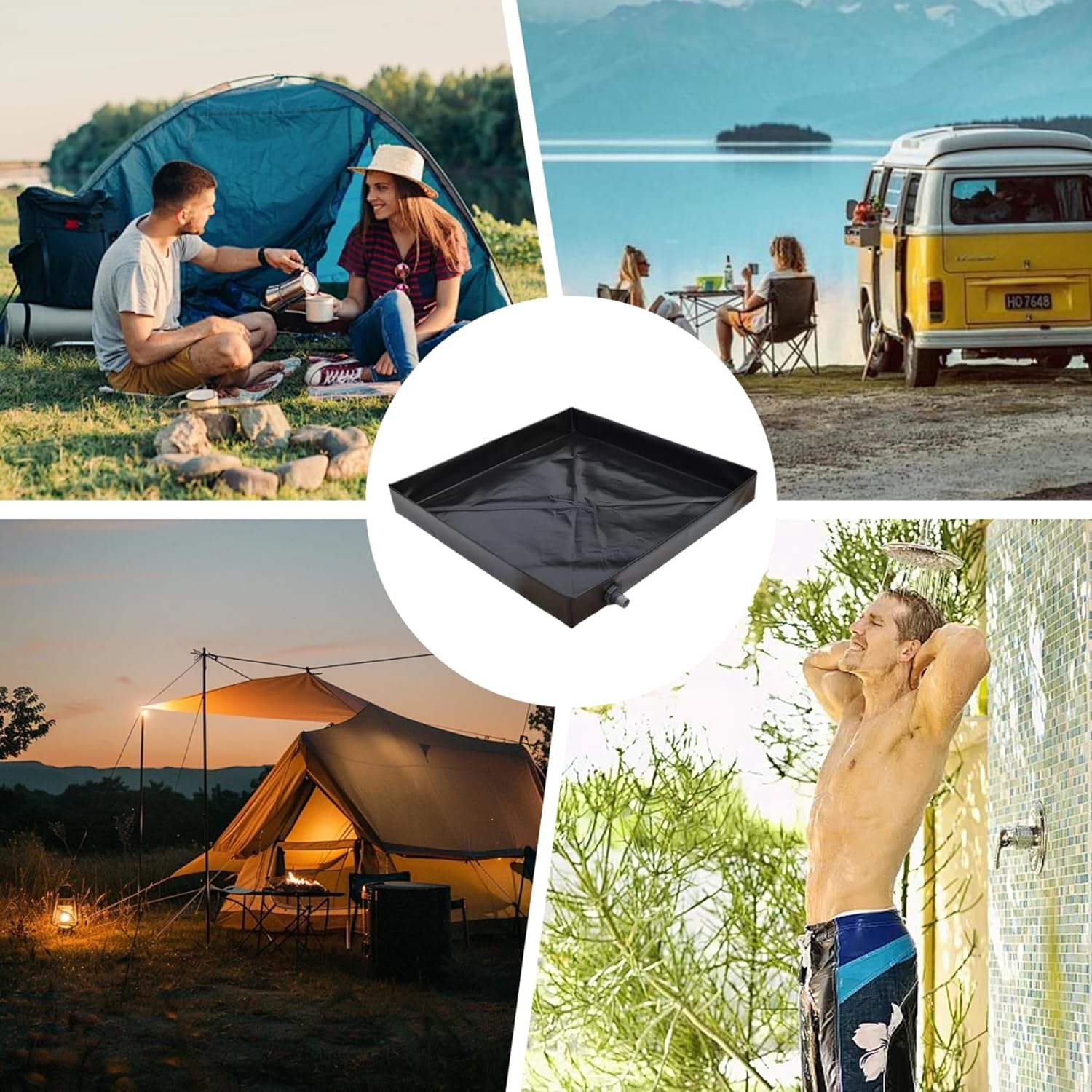 Camping Shower Mat 41x41'' Collapsible Shower Base with Wrapped Edges Rapid Drainage Waterproof Shower Pan with Heavy Duty Bottom for Outdoor Shower Camping, Camping Shower Mat