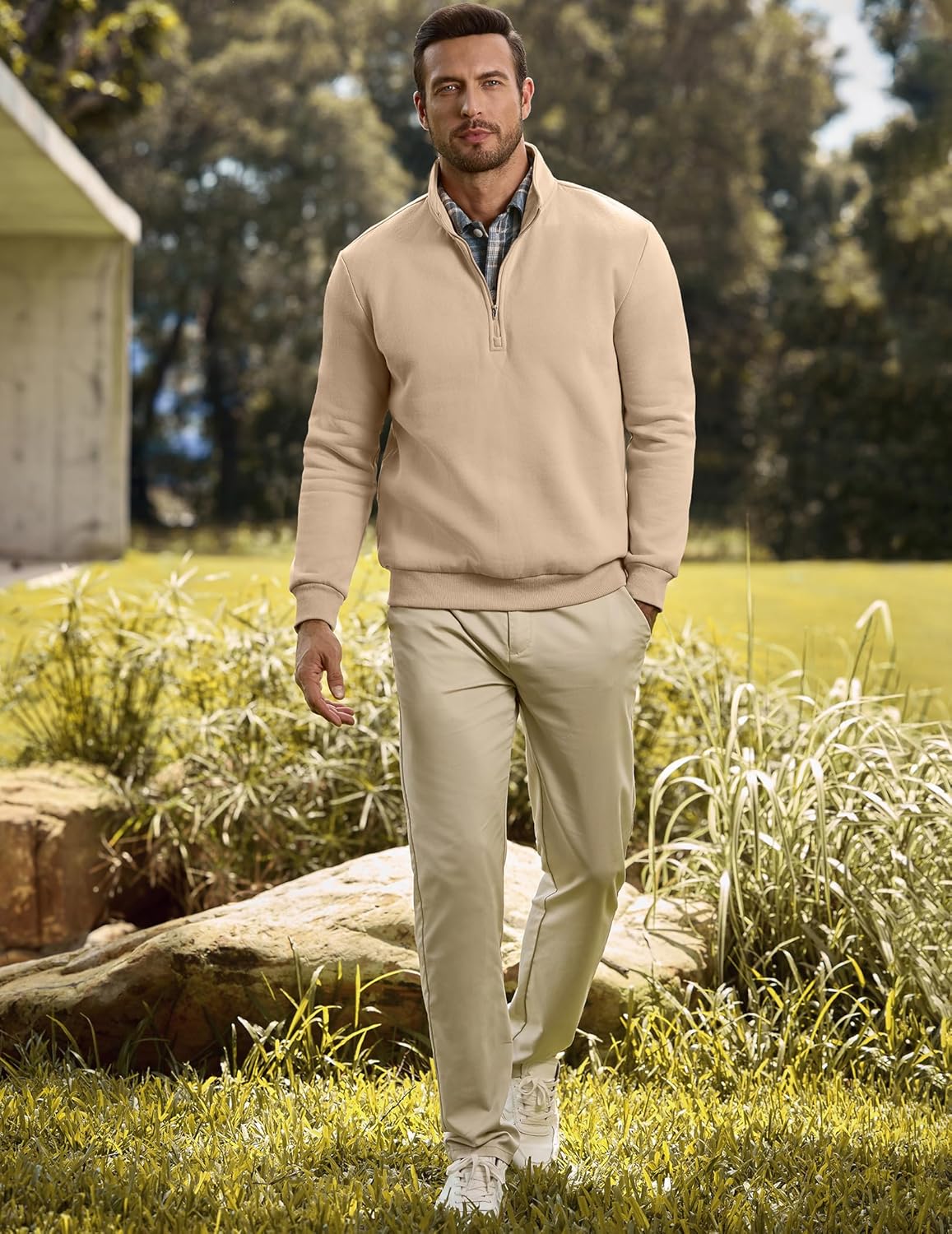 JMIERR Mens Quarter Zip Pullover Polo Sweater Mock Neck Long Sleeve Lightweight Fleece Sweatshirts - Image 9