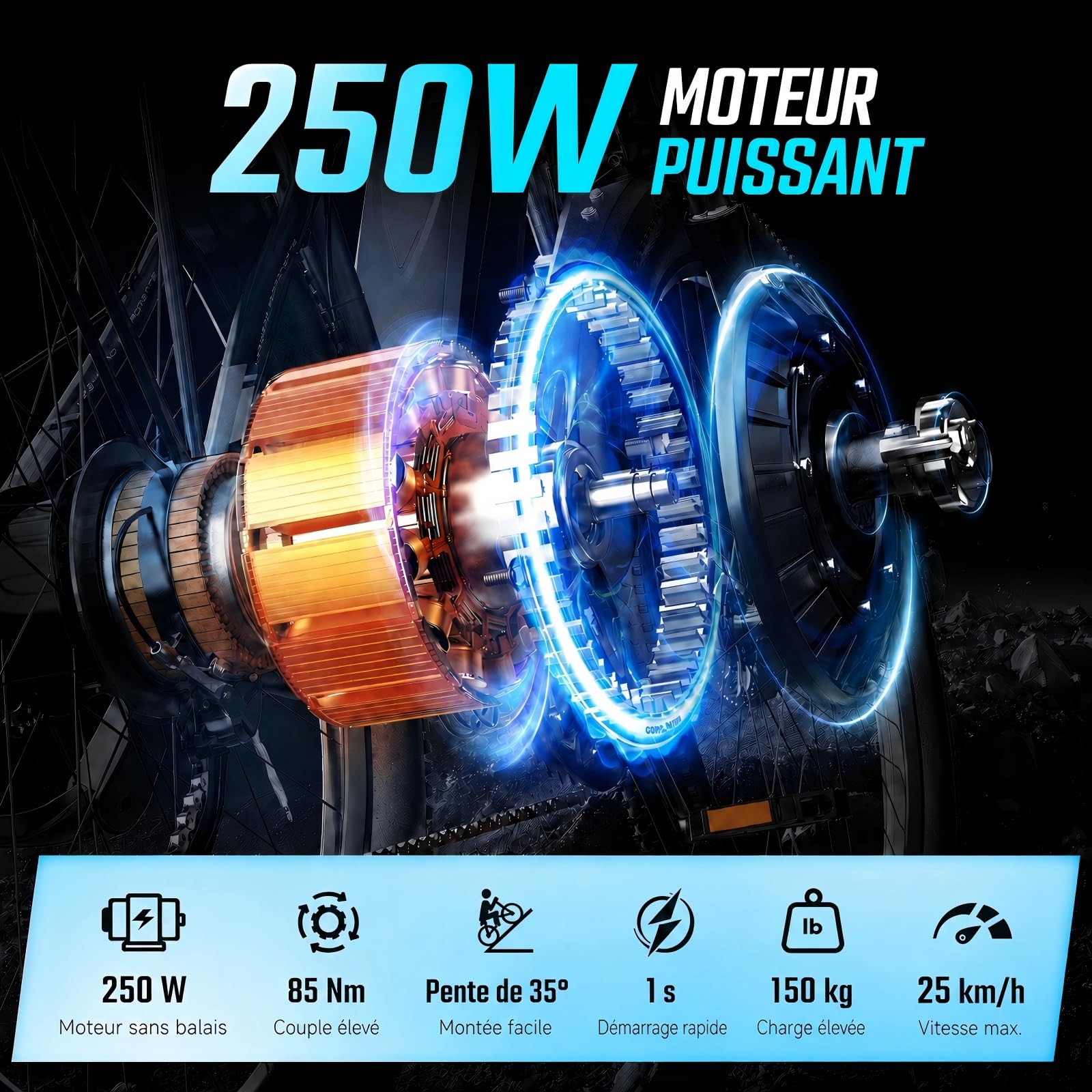 Vélo Électrique 27,5", VTT Électrique Adulte, Moteur 250W, Batterie Amovible 840 Wh, Autonomie Jusqu’à 120 km, 21 Vitesses, Écran LCD, Charge Max 150 kg, Modèle Mixte E-Bike