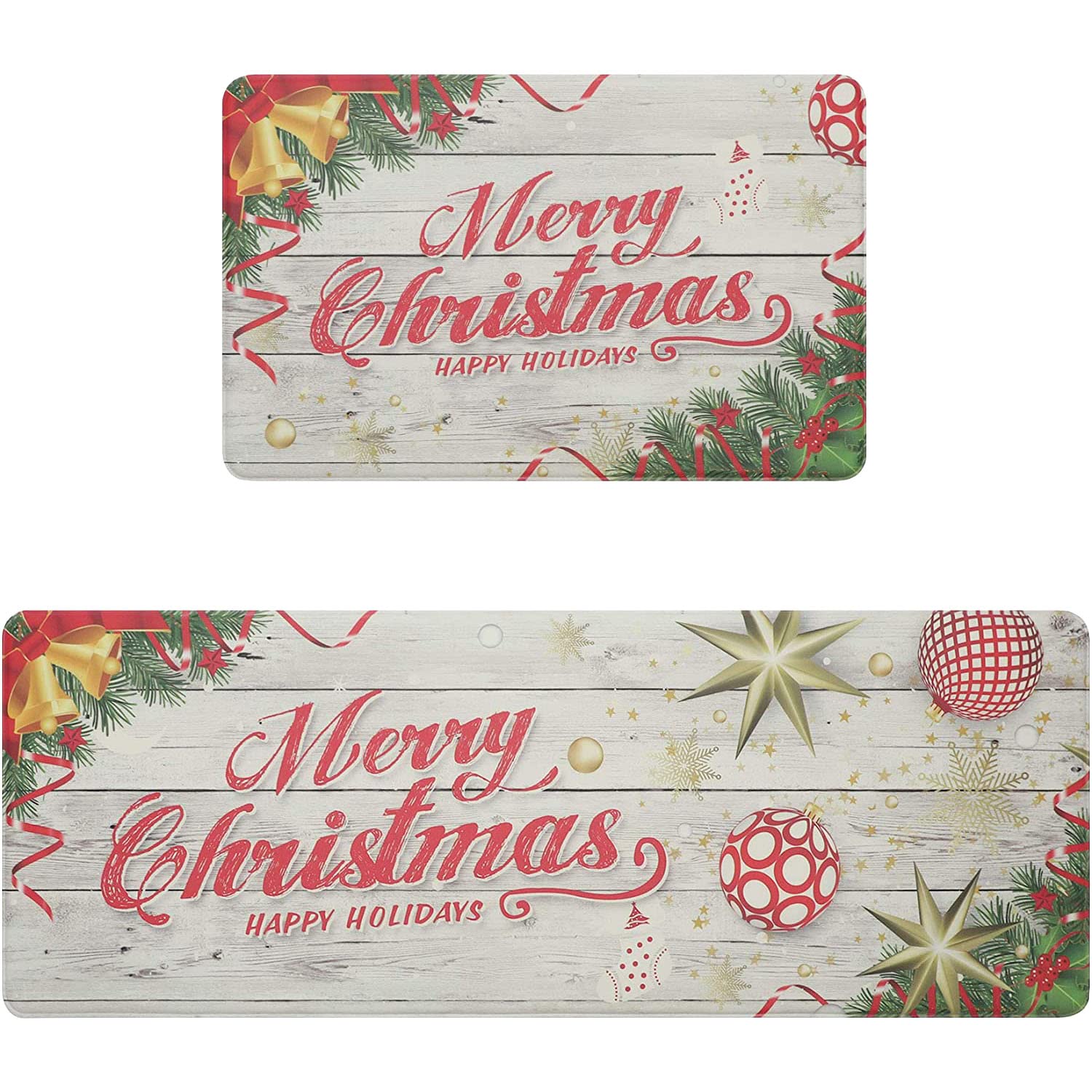 Photo 1 of ((4 Pack)) Cekene 2 Piece Christmas Kitchen Rug Mat Set Anti Fatigue Non Slip Thick Cushioned Kitchen Rug Sets Waterproof Kitchen Runner Set Heavy Duty Comfort Standing Mats Wipeable 17"×28"+17"×47" Christmas Wood