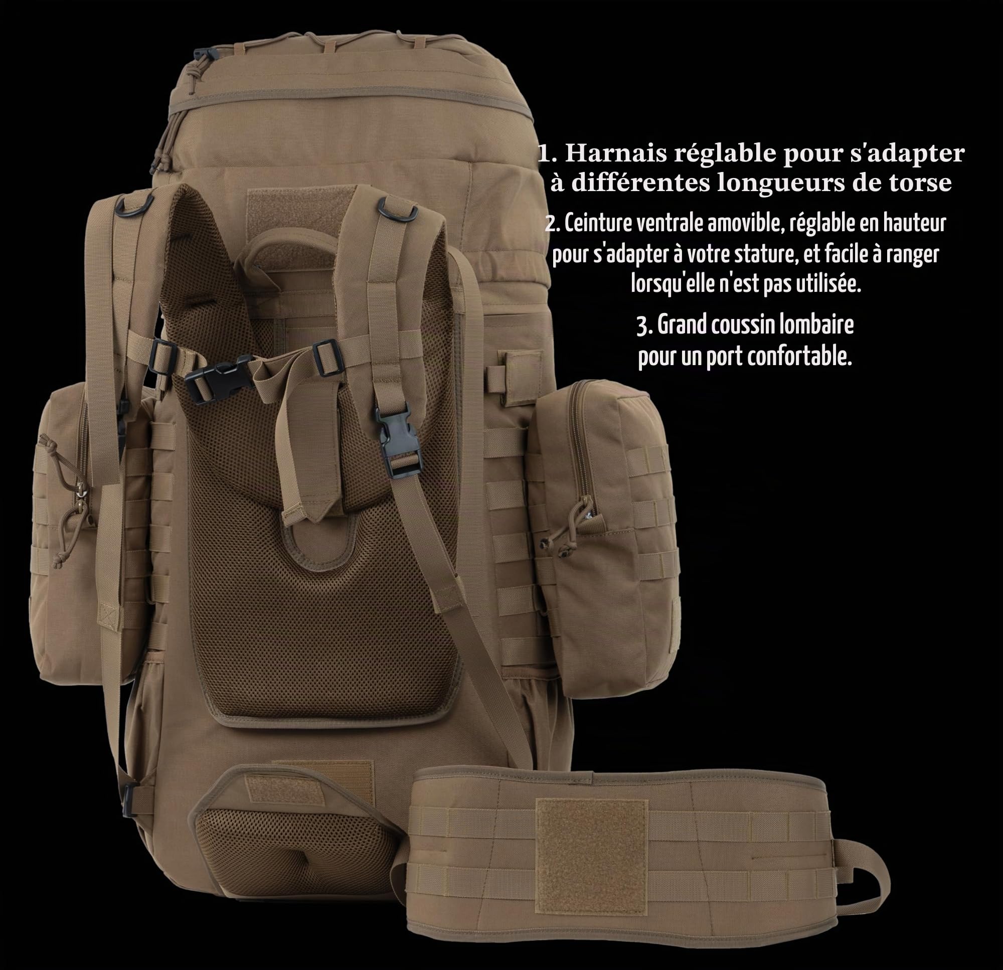 Sac à dos tactique de 75 l avec cadre interne, MOLLE et système d'hydratation pour le camping, la chasse, la randonnée, l'aventure sauvage