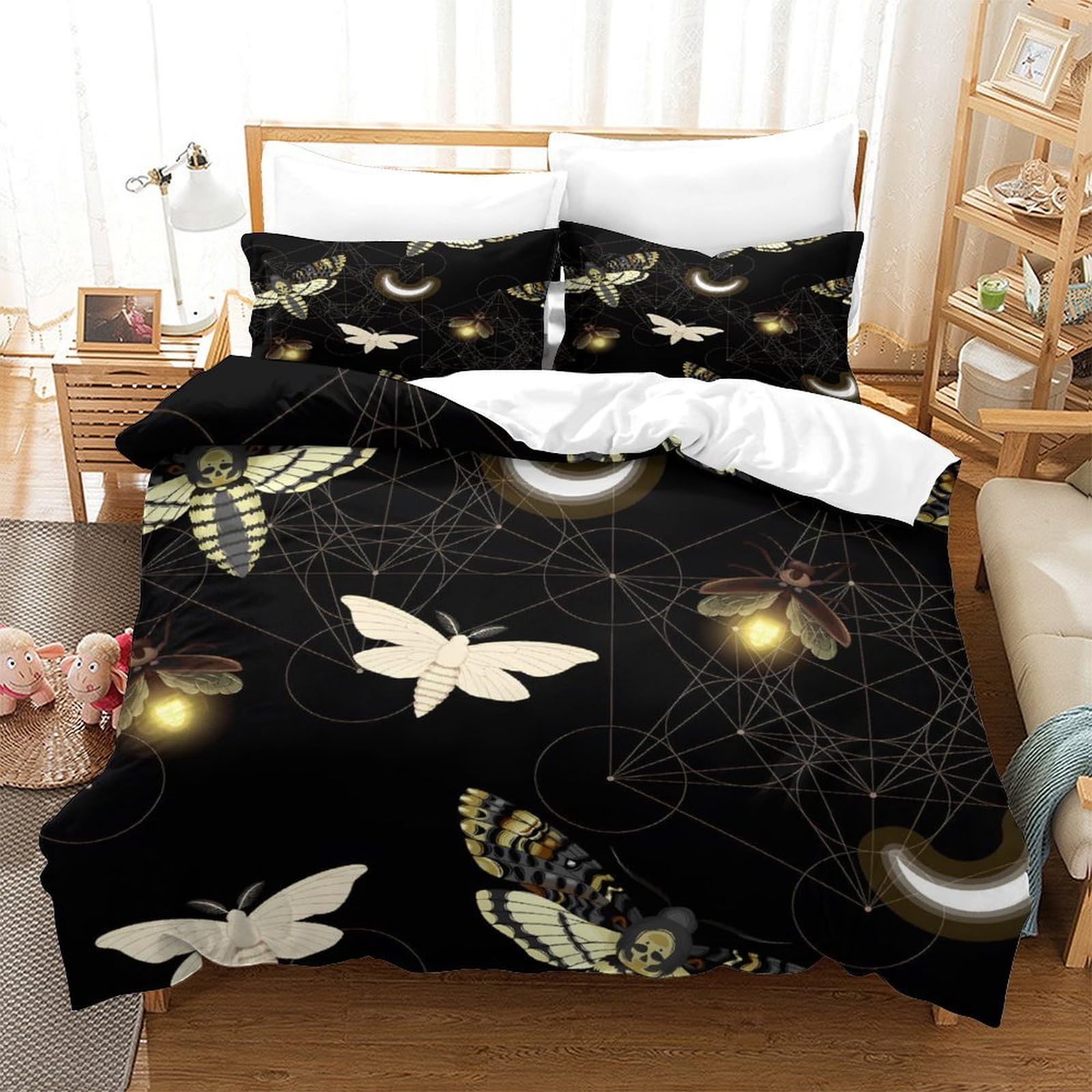 GDEKCIEAS Death Head Hawk Moth Duvet Cover Set 3 Pieces Soft Microfiber Comforter Quilt Cover for Kids Teens Adults Boys Girls Bedding Set Zipper Closure Easy Care Soft Durable Double（200x200cm）