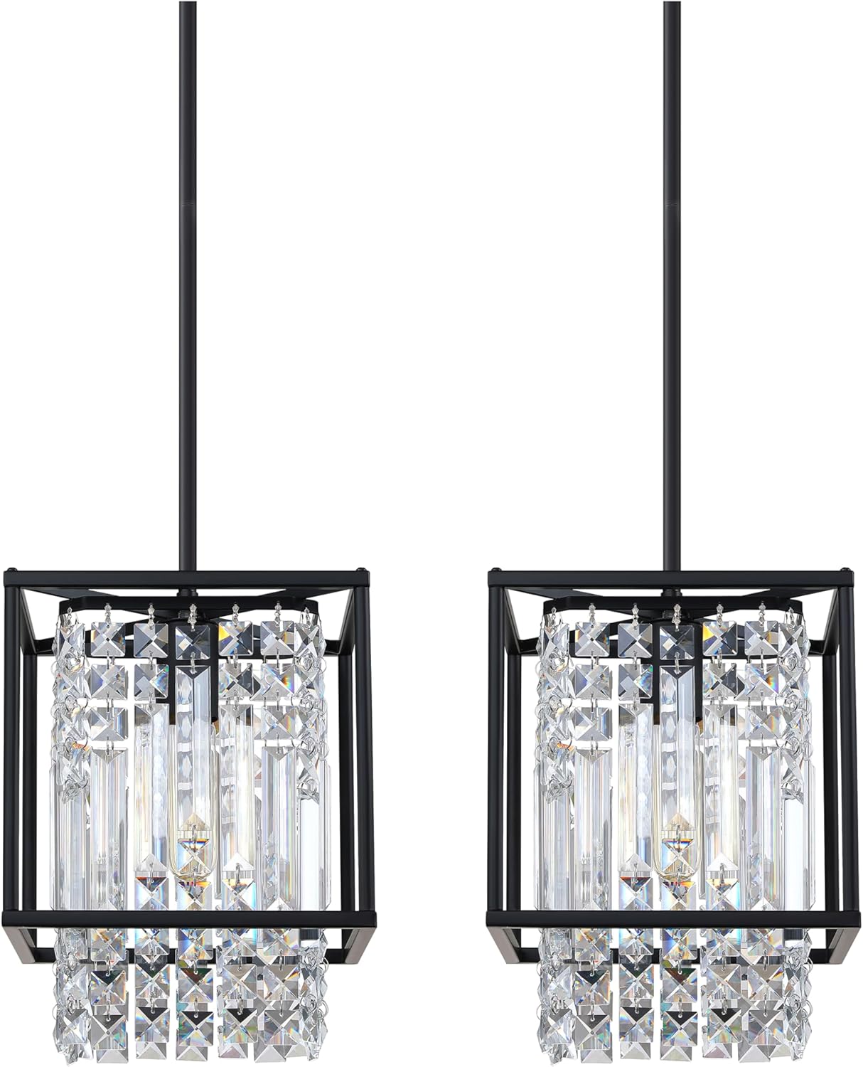 2 Pack 1 Light Hanging Kitchen Island 8" Crystal Modern Pendant Light Fixture,Black Finish with Crystal Shade for Bar,Dining Room,Corridor,Living Room Over Sink