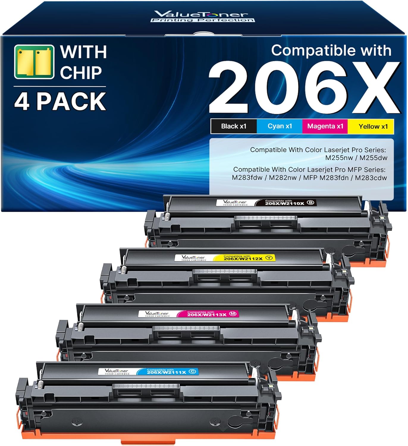 206X Toner Cartridges 4 Pack High Yield: MFP M283fdw Compatible for HP 206X 206A, Works with HP Color LaserJet Pro MFP M283fdw M283cdw M283fdn M282nw M255dw Printer (Black, Cyan, Magenta, Yellow)