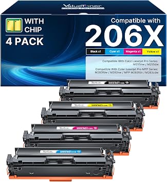 206X Toner Cartridges 4 Pack High Yield MFP M283fdw Compatible for HP 206X 206A, Works with HP Color LaserJet Pro MFP M283fdw M283cdw M283fdn M282nw M255dw Printer Black, Cyan, Magenta, Yellow