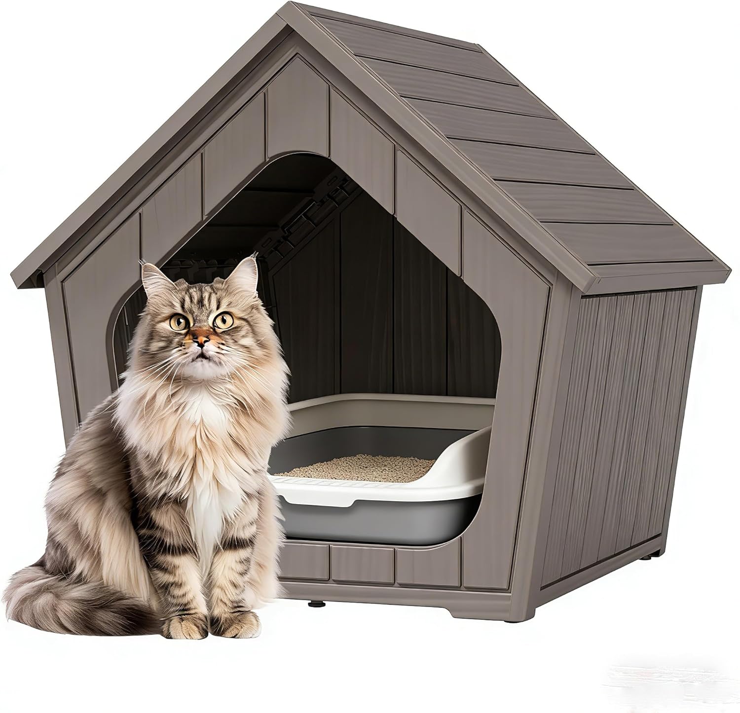Cat Litter Box Enclosure, Resin Enclosed Litter Box Furniture with Air Holes, Outdoor Cat House Weatherproof, Wide Opening Design for Easy Cleaning, Grey