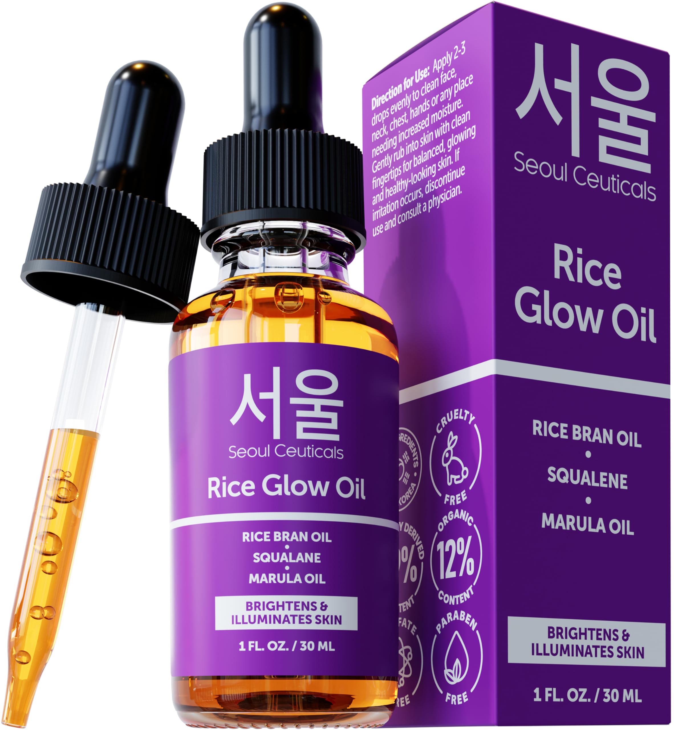 SeoulCeuticals Rice Bran Oil for Skin - Korean Skin Care Facial Glow Oil With Squalane & Vitamin E - Cruelty Free K Beauty Skincare 1oz
