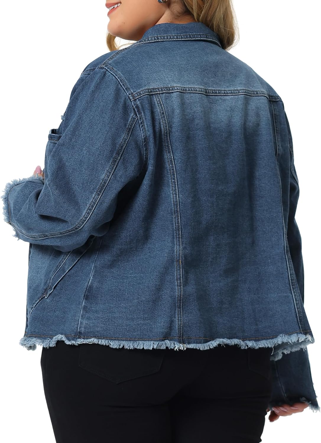 Agnes Orinda Plus Size Denim Jacket for Women Frayed Hem Classic Washed 2024 Denim Jean Jackets 2X Blue