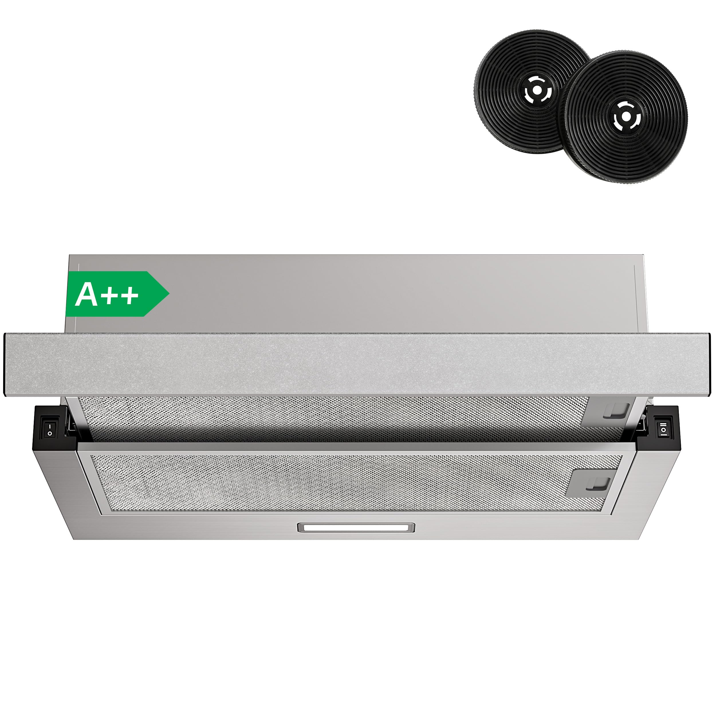 FIREGAS Clase A++ Campana Extractora 60 cm,Telescópica Extractor Cocina con Motor Sin Escobillas,400 m³/h,2 Velocidades,Ruido Bajo,Luces LED, Filtros de Aluminio y Carbón Activo,Acero inoxidable