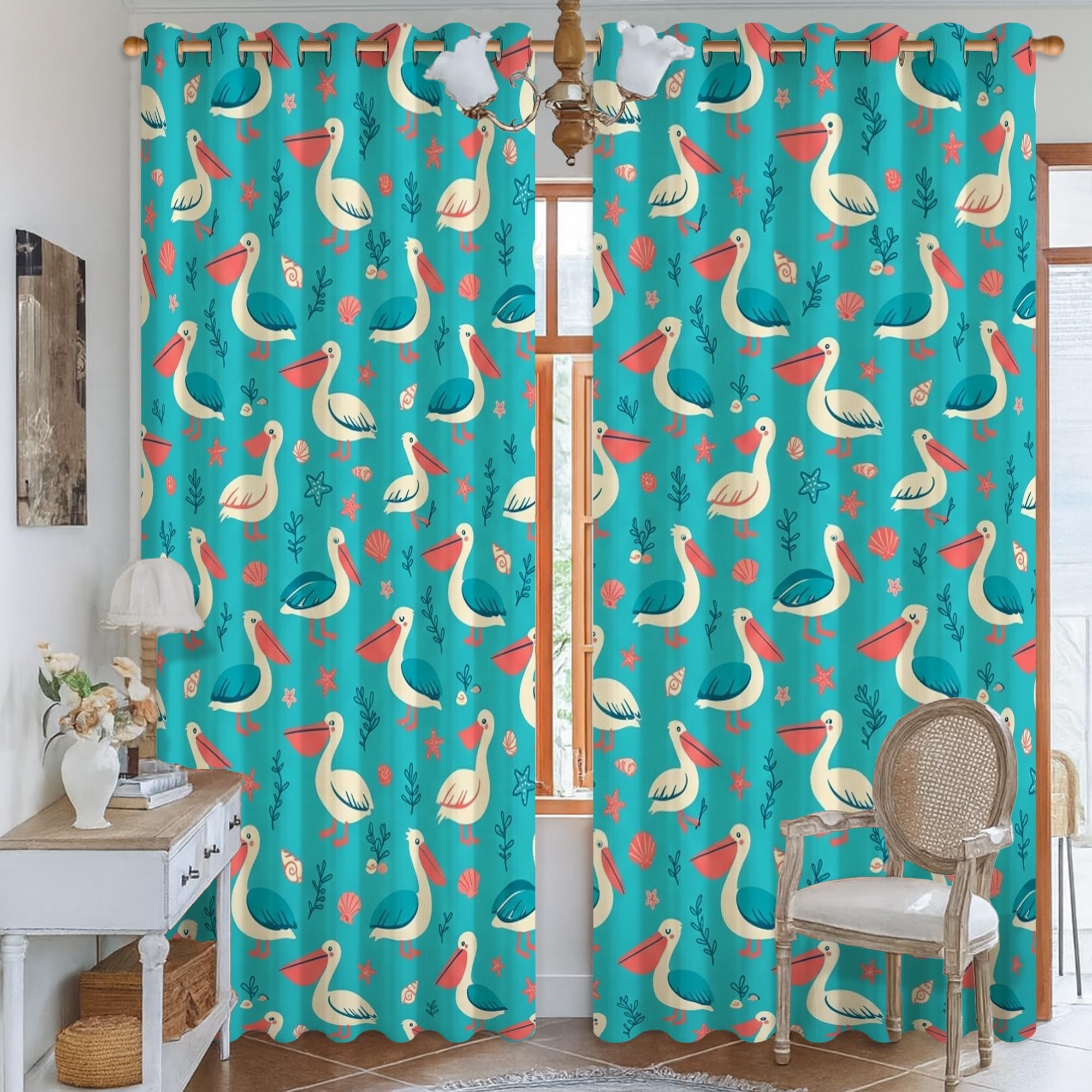 Rideaux occultants infroissables au décor d'oiseaux côtiers turquoise pour sublimer votre bureau