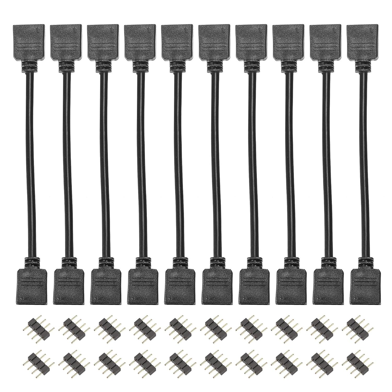 uxcell 4 Pin 10mm RGB LED Strip Light Connector Extension Cable 300mm Length Black 10Pcs with 20Pcs Male 4 Pin Plugs