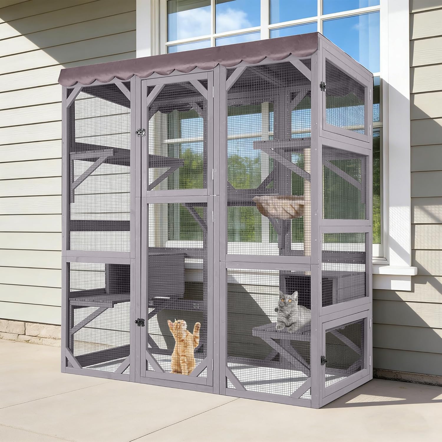 Catio Outdoor Cat Enclosure with 7 Platforms 2 Cat Caves Hammock Scratching Post Wooden Cat Housefor Indoor Outdoor Use Grey