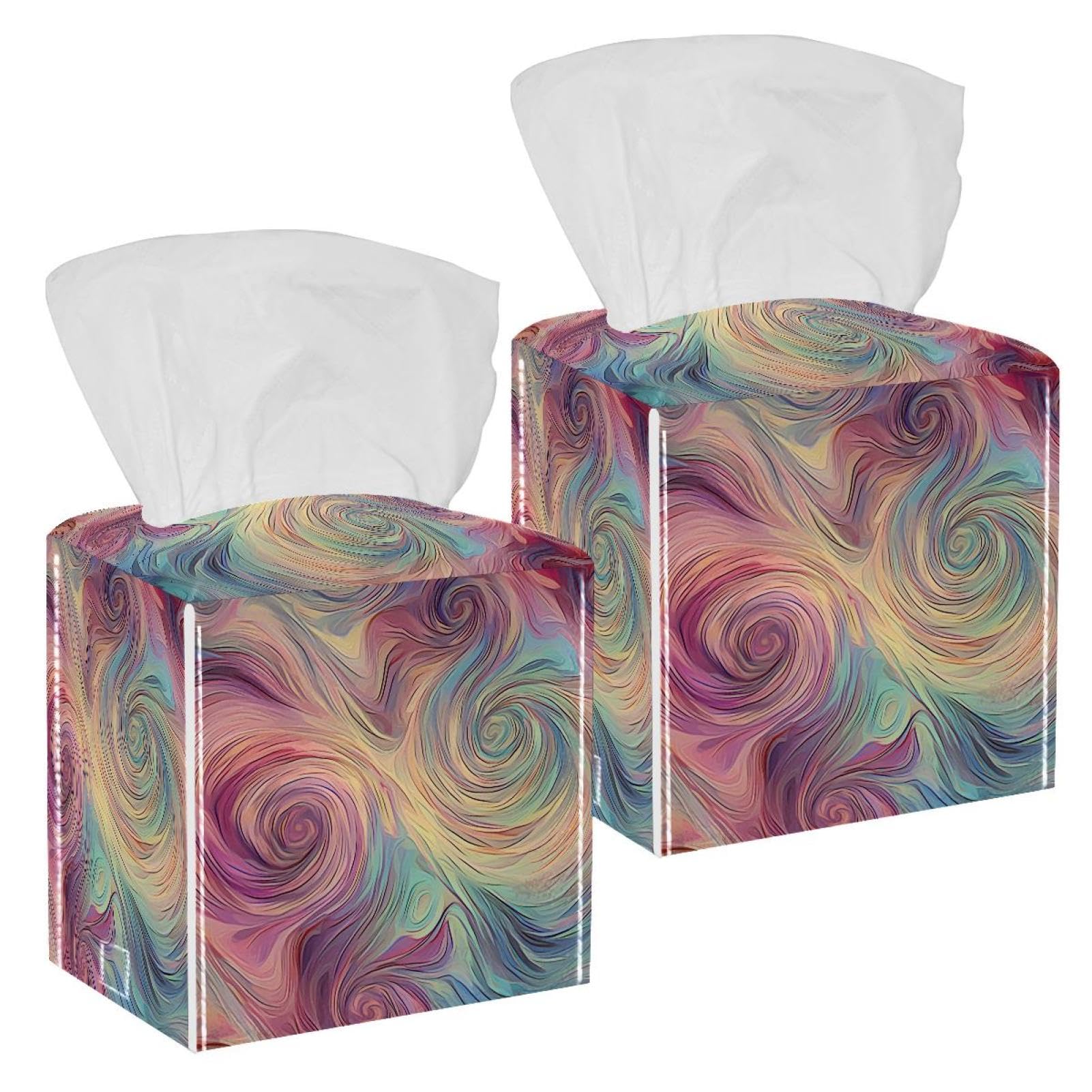 Artistic Swirl Tissue Box Cover, 2 Pack PU Leather Square Facial Tissue Dispenser Box holder for Home Office Car