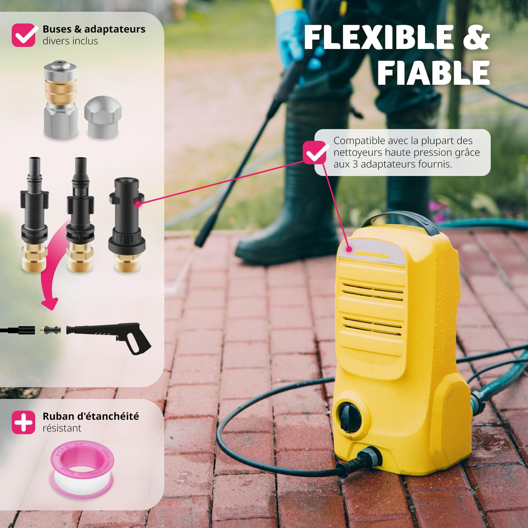 tectake® Set de Tuyau fléxible 30m pour nettoyeurs haute-pression Déboucheur canalisation Déboucheur Evier WC Douche avec 2 buses & 3 adaptateurs, Accessoires nettoyeurs haute pression