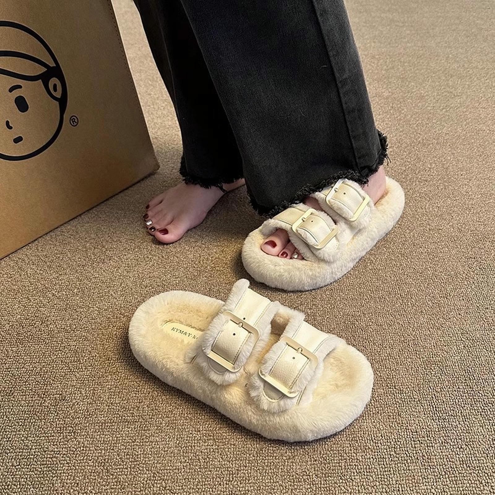 Pantofole Donna in Peluche da Donna, Stile Fibbia, Peluche, Fodera Pelliccia Sintetica-Marrone Chiaro-40