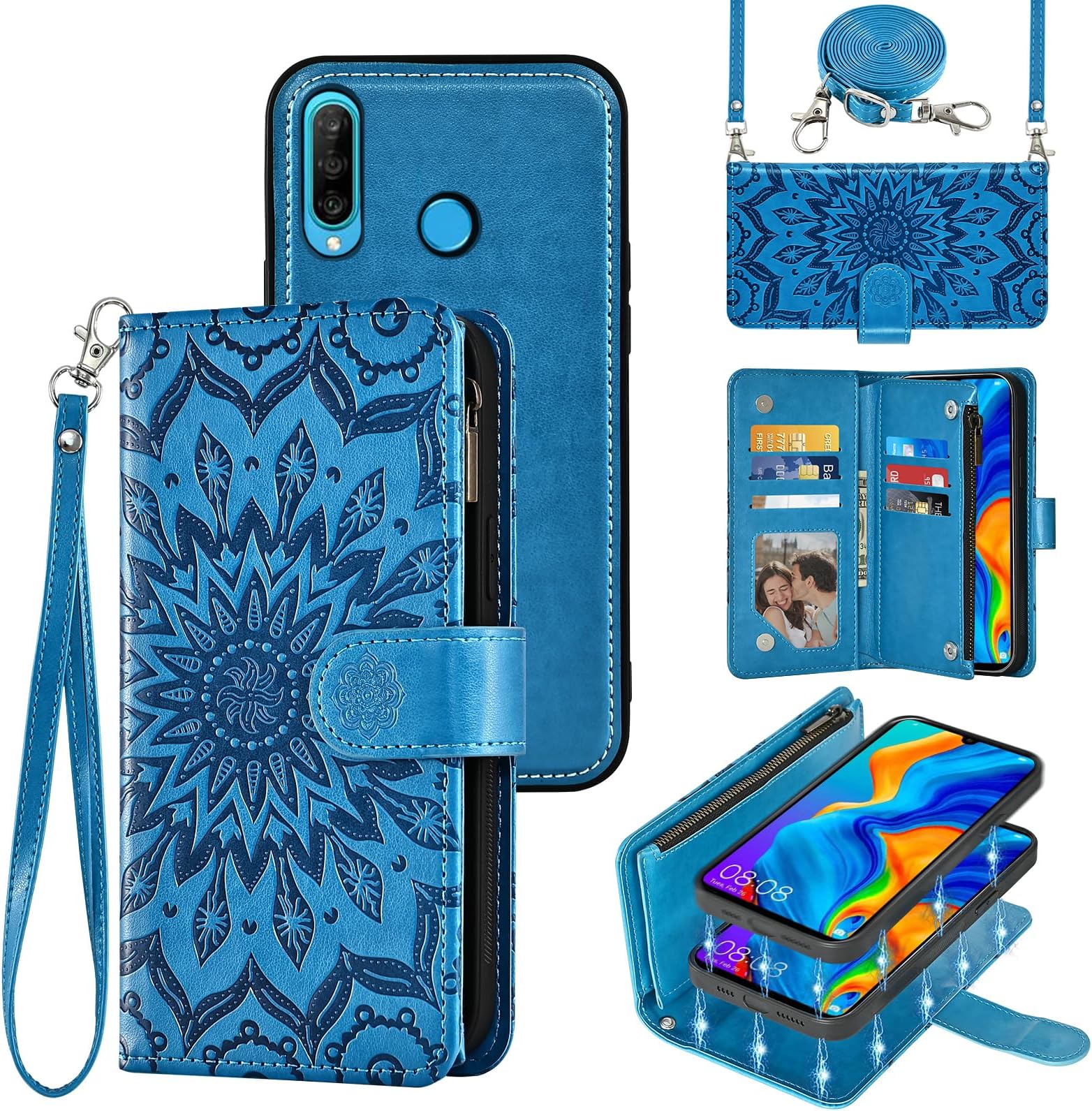 Phone Case for Huawei P30 Lite/Nova 4E Zipper Wallet Magnetic Detachable Cell Cover with Screen Protector Crossbody Lanyard Strap Flip Card Holder Slot Hawaii P30Lite P 30 30Lite Women Men Blue