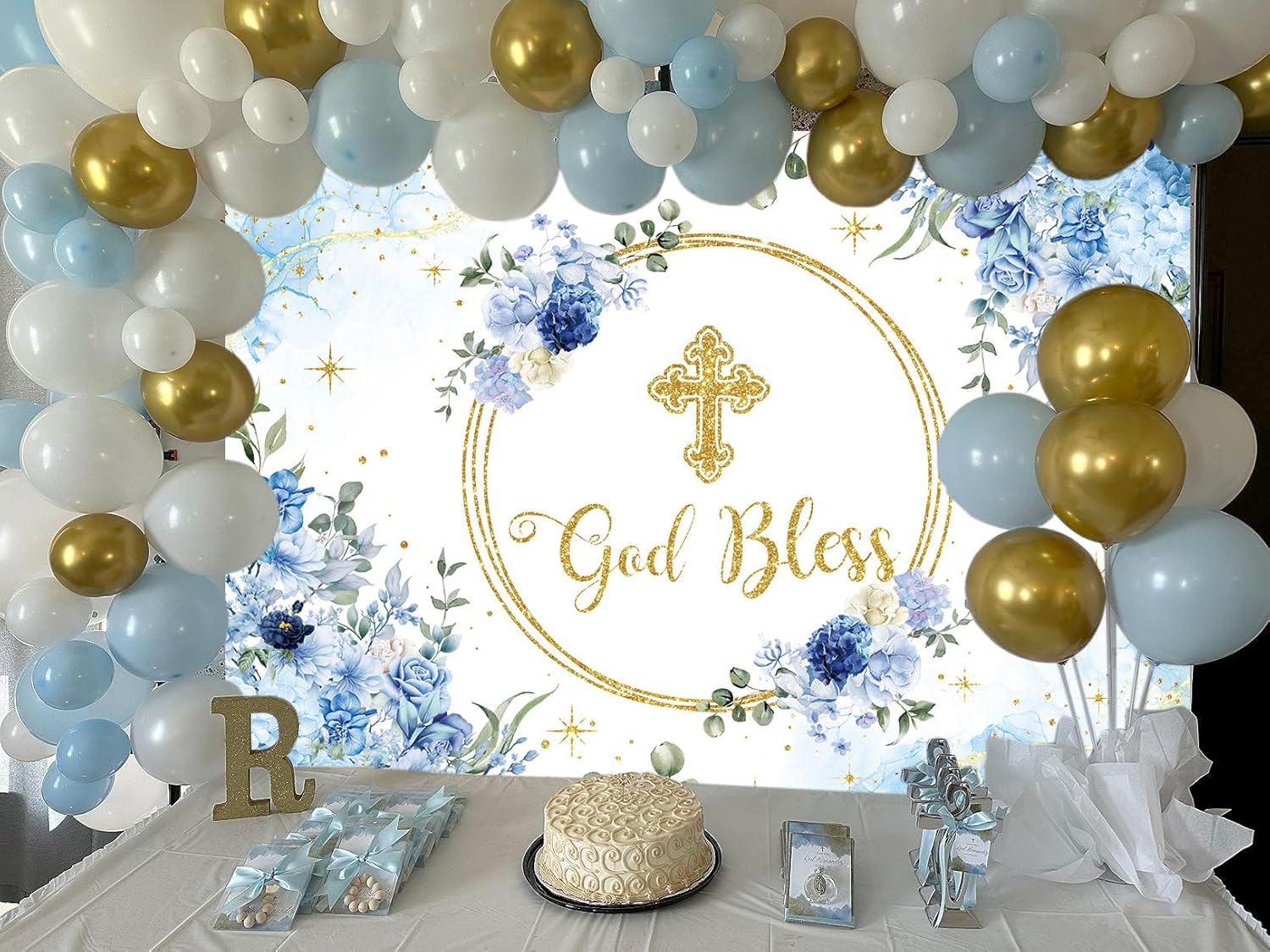 God Bless Backdrop for Boy First Holy Communion Baptism Background Blue Floral Glitter Christening Party Decorations Banner Newborn Baby Shower Photography Banner (8x6FT: 96x72 inch)