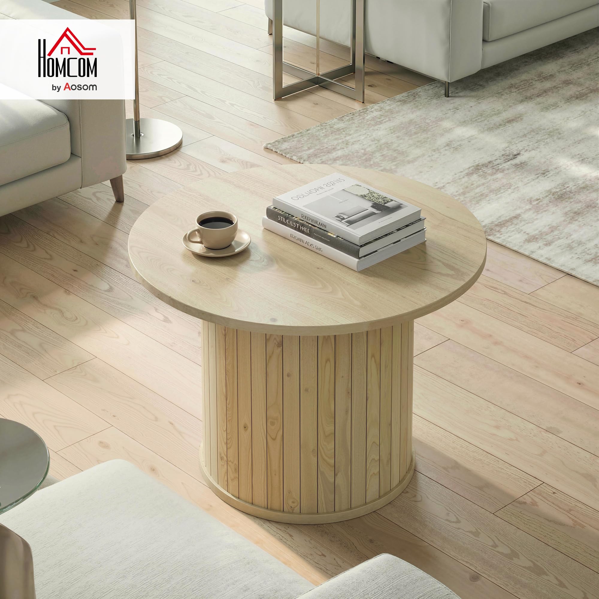 HOMCOM Mesa de Centro, Mesa Baja para Salón Redonda con Base de Columna con Listones, para Sala de Estar, Dormitorio, Ø60x40 cm, Natural