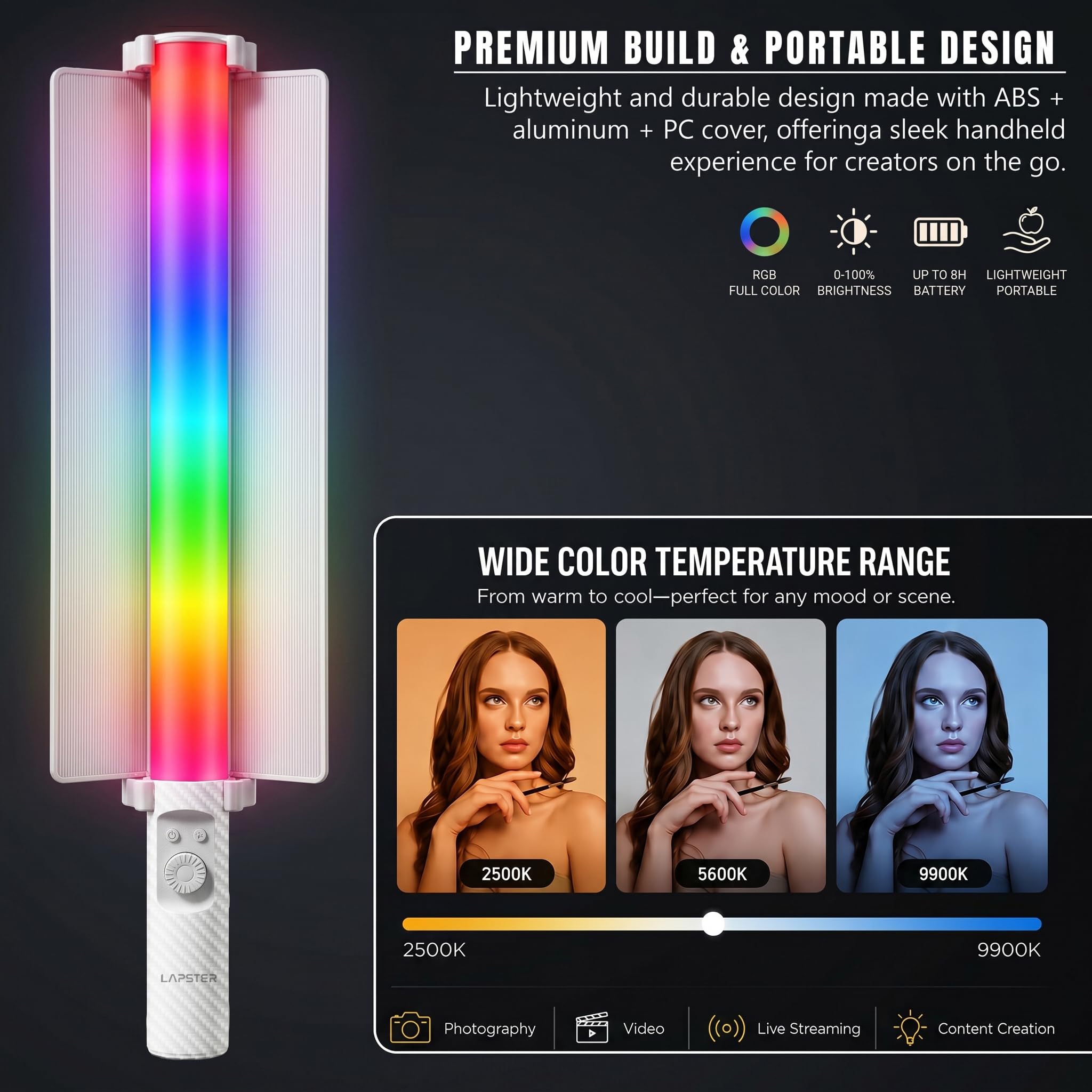 Lapster Luma Evo Stick 10W Light Portable Handheld RGB LED Light Wand with Barn Door & Remote Control, Color Temp 2700-12000K + RGB — Amazon image 4