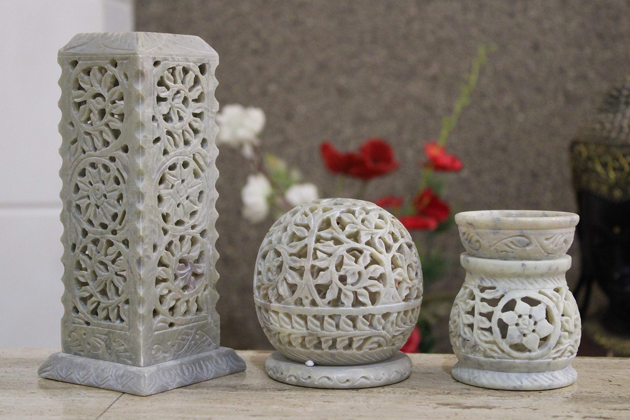 KC KULLICRAFT Floral Carving Marble Incense Holder With Carving Aroma Burner & Soapstone Round Tea Light Candle Holder-Combo-image-32
