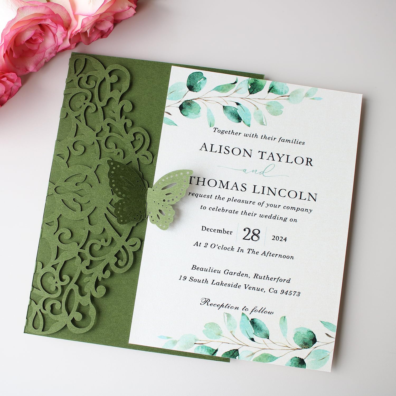 Quinceanera Einladungs-Set, olivgrün, lasergeschnitten, 13 x 18 cm, hohl, Blumen- und Schmetterlingseinladungen für Hochzeit, Quincenera 15 Anos Einladung (blanko), 50 Stück