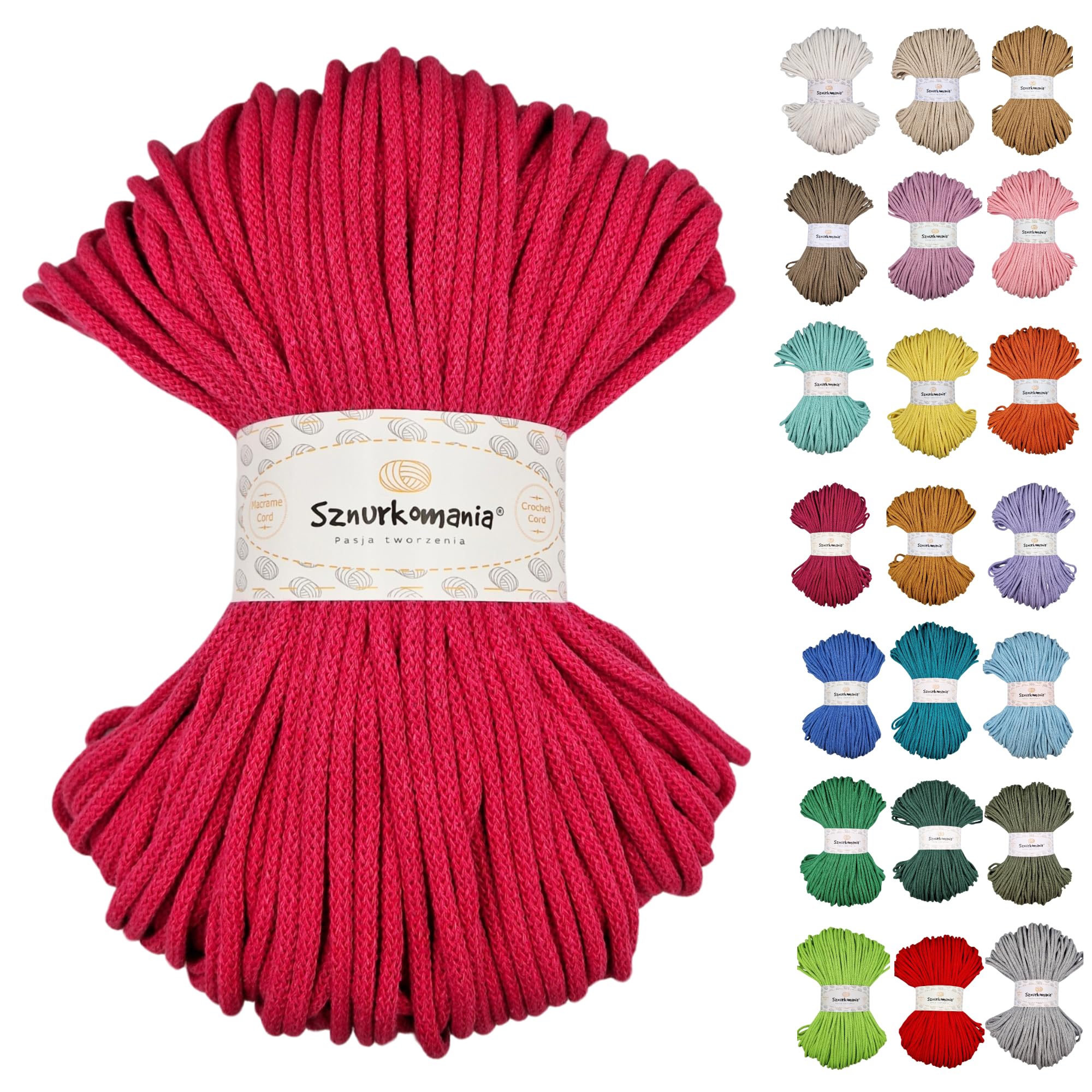 Sznurkomania Fuchsia Braided Cotton Cord 5Mm 100M 46 Colours Crochet Cable Macrame Cord Yarn Premium Yarn (Fuchsia)