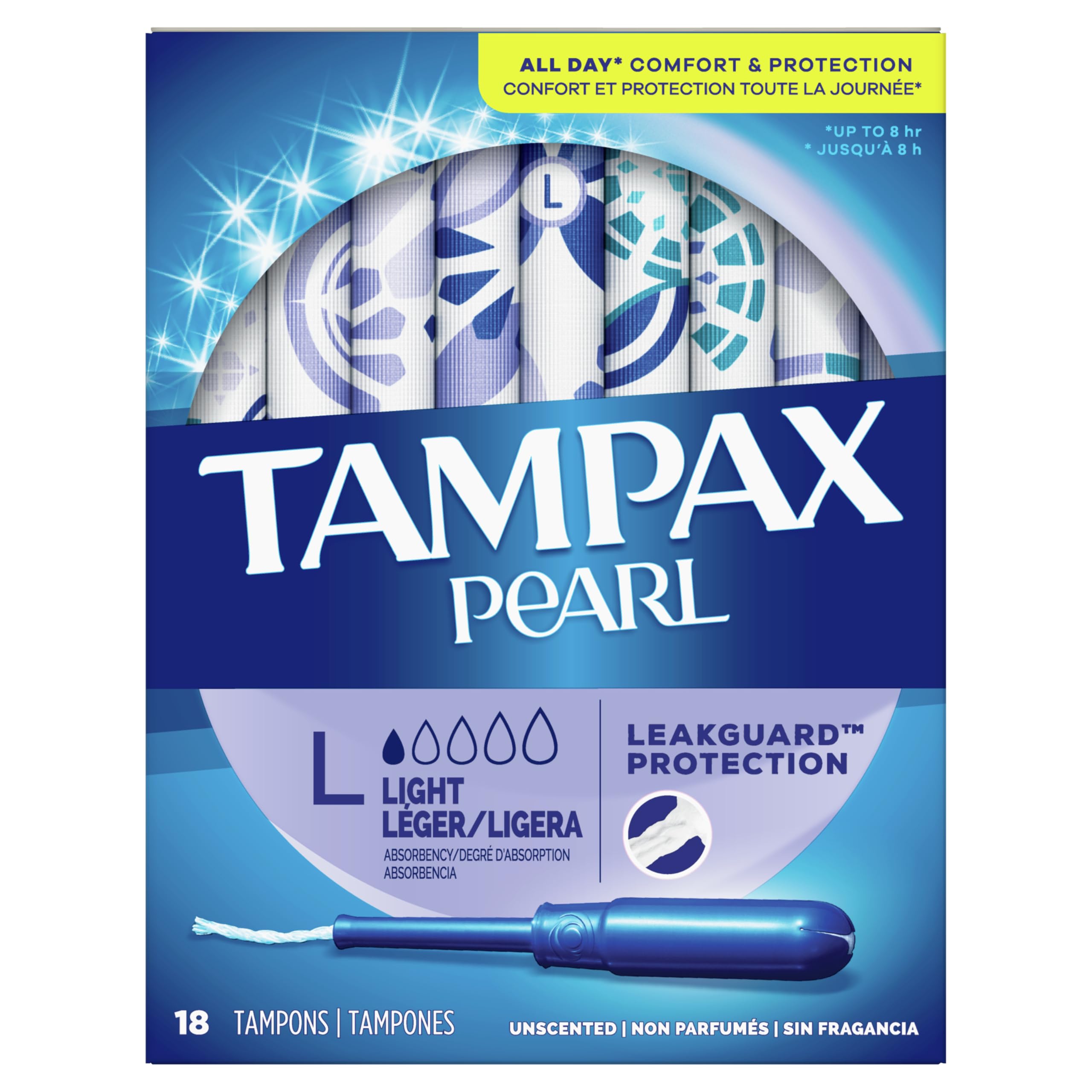 Tampax Pearl Tampons, Light Absorbency With Leakguard Braid, Unscented, 18Count