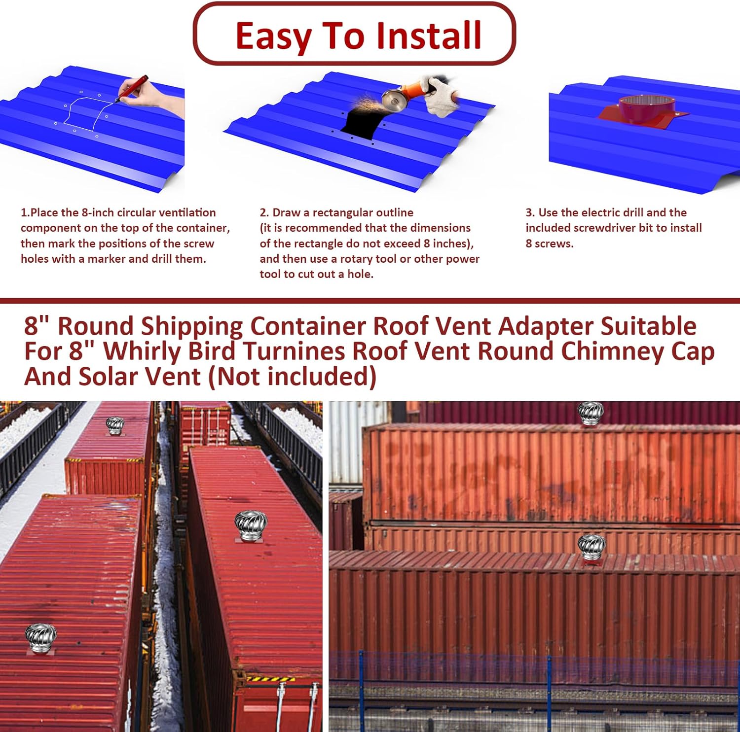 8-Inch Roof Whirlybird Turbine Vent Adapter for Conex Containers & Shipping Container Homes – Fits 8" Round Chimney Cap, Solar Roof Vent Fans & Whirlybird Vents – Heavy-Duty Corrugated Roof Vent