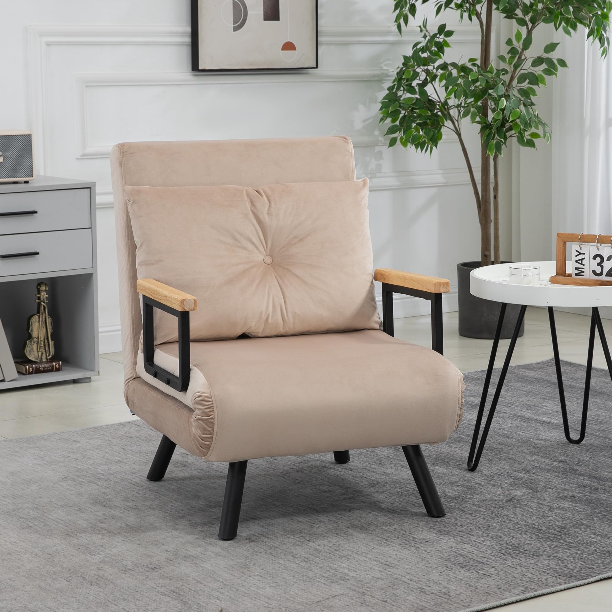 HOMCOM Fauteuil Convertible 1 Place, Fauteuil-lit chauffeuse 3 en 1 avec Dossier réglable 5 Positions, Oreiller, siège rembourré, Tissu Aspect Velours, canapé-lit pour invités, Salon, Bureau, Beige