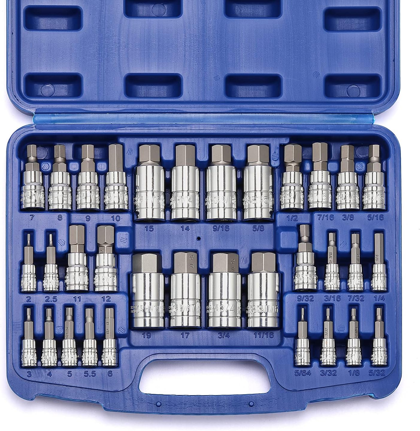 CASOMAN 33 Piece Master Hex Bit Socket Set, S2 Steel, SAE And Metric, Allen Socket Bit, 5/64-inch to 3/4-inch, 2mm to 19mm Socket Tool Kit