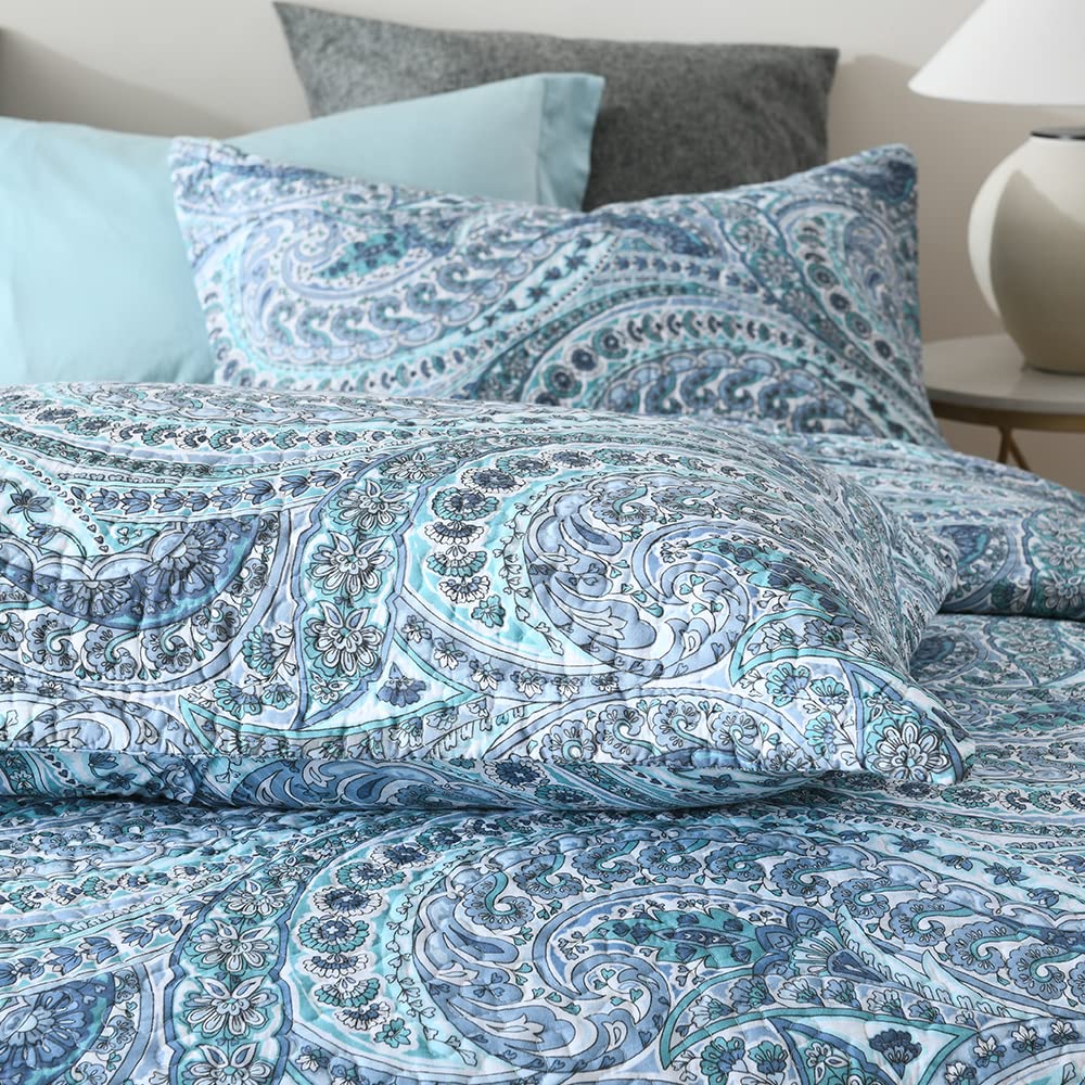ENASAL Tagesdecke Bettdecke aus Baumwolle 220x240cm, Bettüberwurf 230x250cm für Doppelbett mit Blauen Paisley Blumen, Ganzjahresdecke Gesteppte Decke Steppdecke mit 2 Kissenbezug
