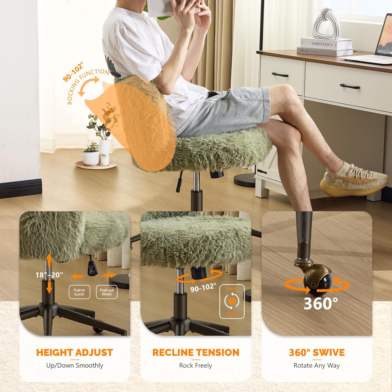 VINGLI Plush Upholstery Vanity Desk Chair with Curved Back & 90-102° Tilt &Adjustable Height, Cute Rolling Chair with Bronze Base & Golden-Bronze 360° Swivel Wheels for Makeup &Home Office,Grass Green