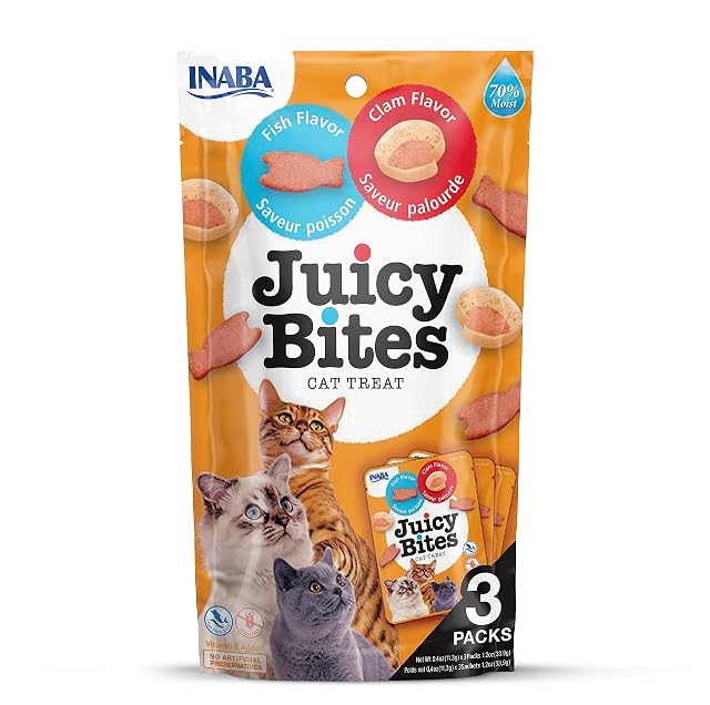 INABA Juicy Bites Gatos - Recetas Saludables de Pescado y de Almejas - Snacks Húmedos para Mascotas