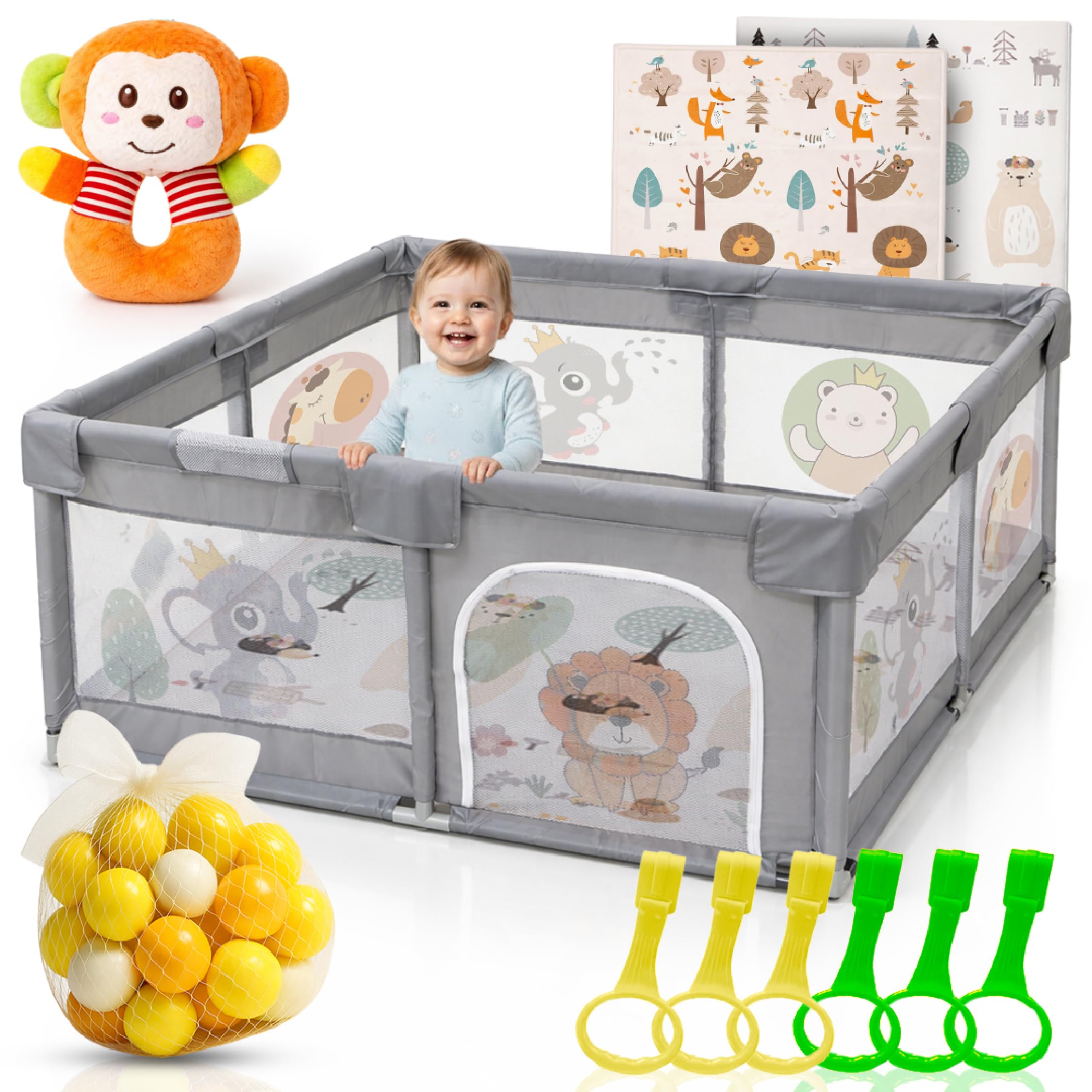Parque Infantil Bebe 150x180cm + Alfombra Bebe + 60 Bolas + Agarraderas + Bolsas de Transporte – Corralito Bebe con Malla Transpirable – Parque de Juegos Bebe – Playpen Bebe (150x180cm)