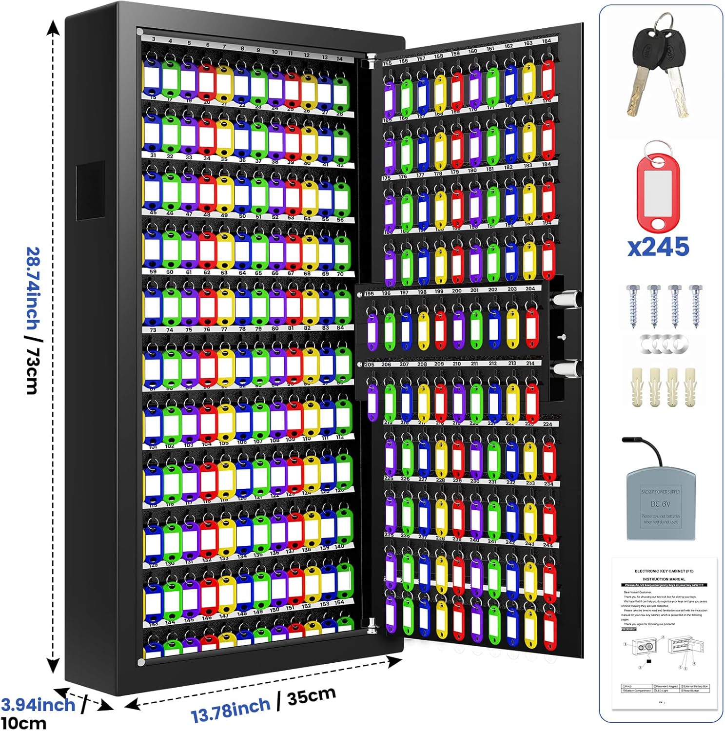254 Keys Digital Key Lock Box Wall Mount with Code, Heavy Duty Anti-Theft Key Lock Box with Side Drop Slot and Colorful Key Tags for Car Garage House Rental Office