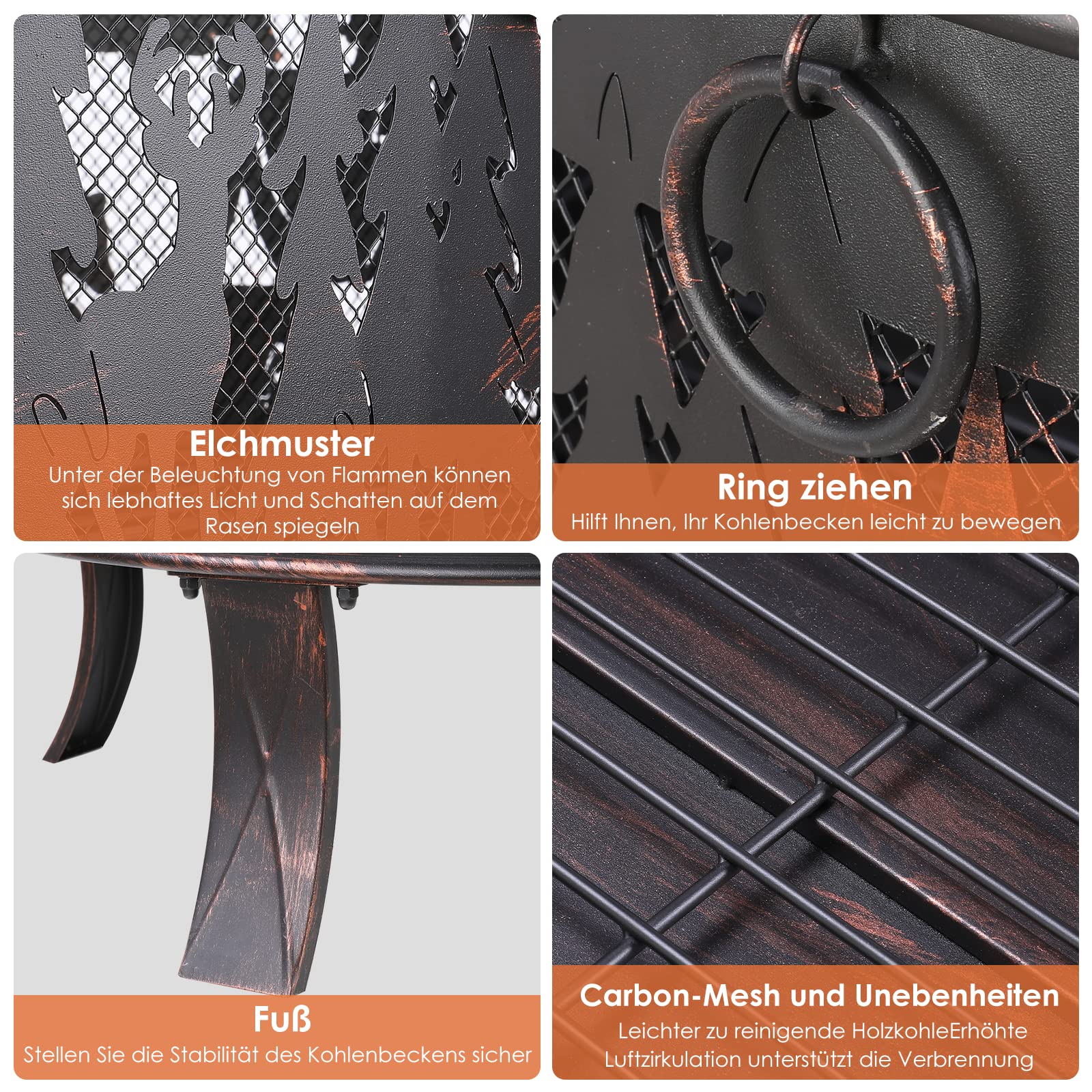 TLSUNNY Feuerschale Garten, Feuerkorb mit Funkenschutz, Feuerstelle Retro-Look, inkl,Poker & Kohlerost & 4 PCS Füße, Heizung im Winter, Stabil, Exquisites Elchmuster Ø71x65cm,für Garten,Camping,Strand | Inkl,Poker & Kohlerost & 4 PCS Füße, Heizung im Wint