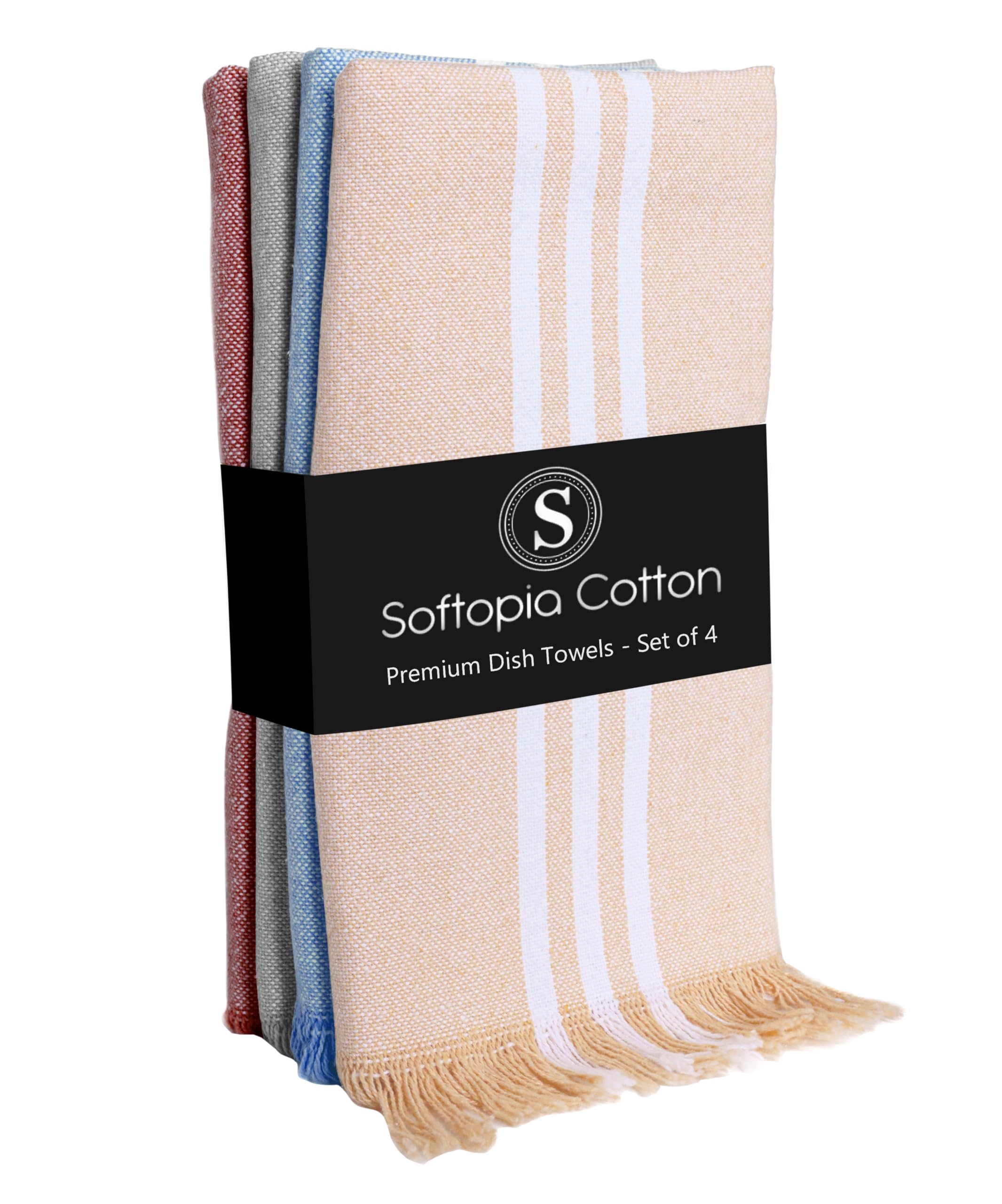 Dish Towels Multicolors 4 Pack, 16x26 Inches, Stripe Kitchen Tea Towels, Reusable Cleaning Cloths, Absorbent Drying Rags for Daily Use, Washable - Beige, Sky Blue, Light Grey, Rust