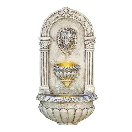 Alpine Corporation TZL160 Lion Head Wall Fountain w/LED Lights, 17" L x 9" W x 32" H, Mixed Colors