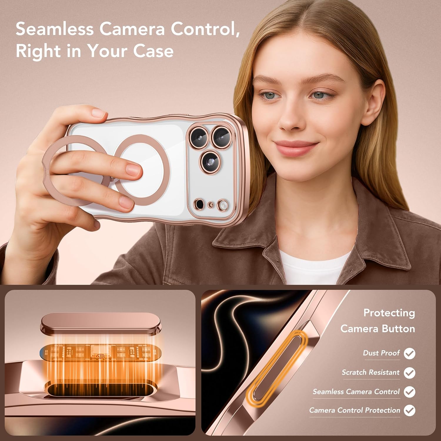 GolbinBox Magnetic for iPhone 17 Pro Case with 360° Spin Stand, [Compatible with MagSafe][Camera Protection][18FT Military Protection] Cute Wave Slim Phone Case for iPhone 17 Pro, Rose Gold/Clear - Image 5