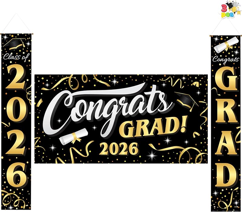 JOYIN 3 piezas de decoración de graduación clase de 2026, juego de pancartas de graduación grandes, fondo dorado y negro para fiesta de graduación y pancarta colgante para porche, suministros para graduación universitaria, decoración interior/exterior