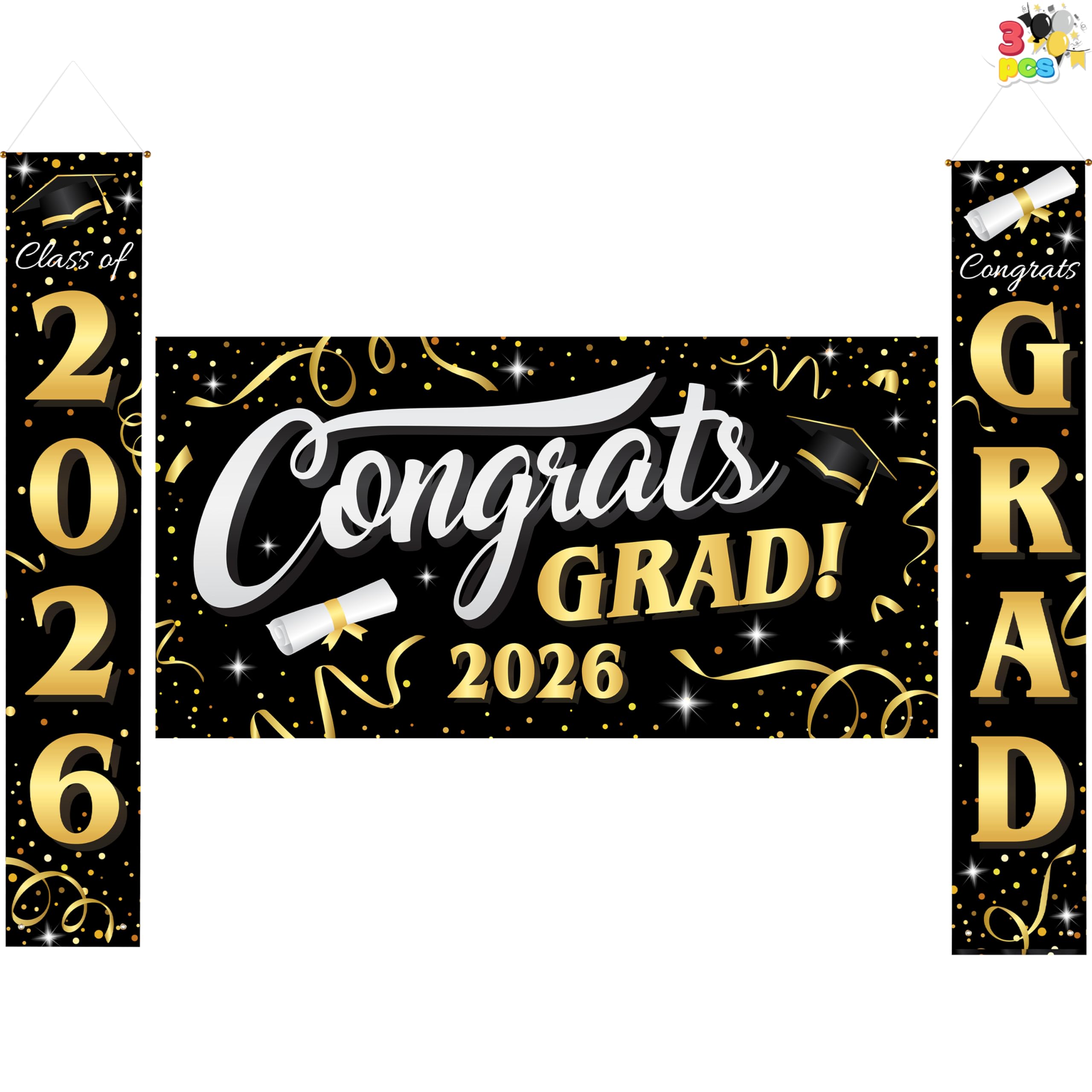 JOYIN 3 Pcs Graduation Decorations Class of 2026, Large Graduation Banners Set, Gold & Black Congrats Grad Party Backdrop and Banner Hanging Porch