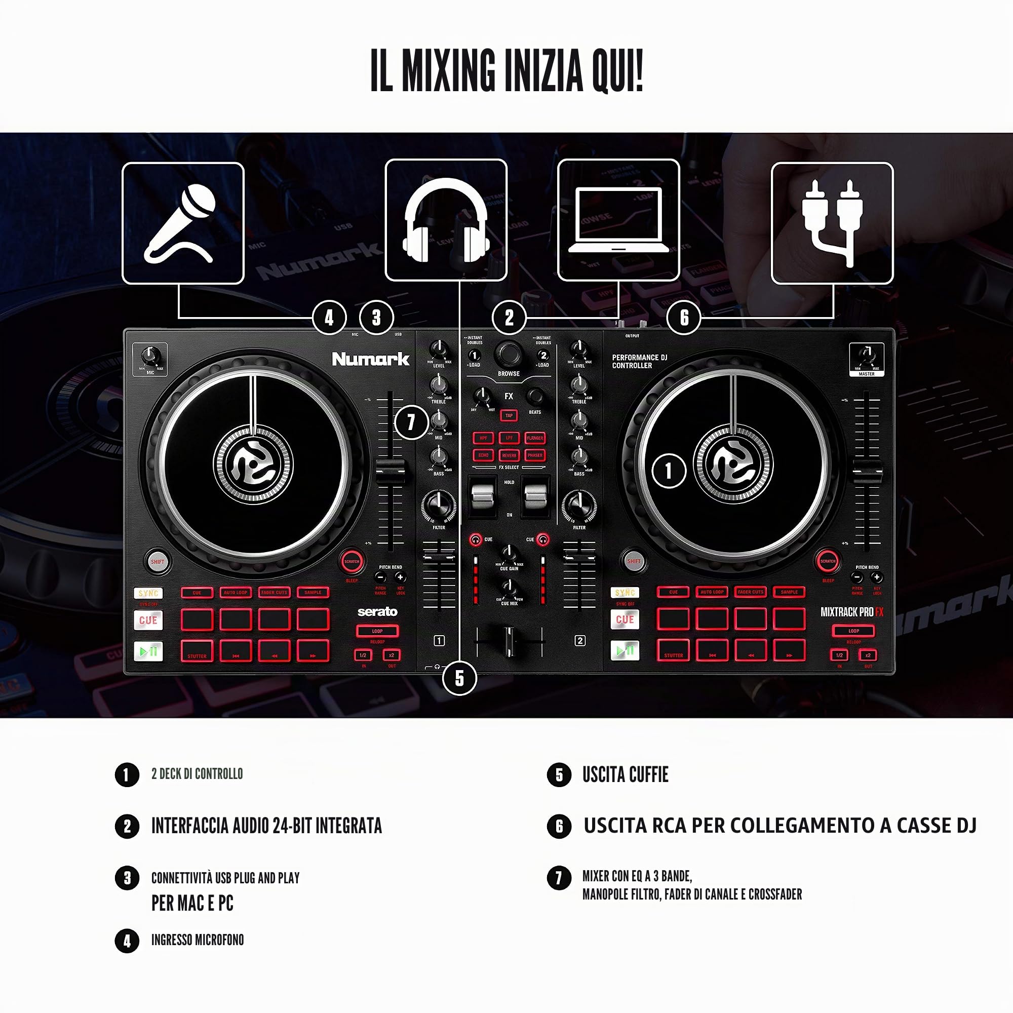 Numark Mixtrack Pro FX + HF125 - Controller DJ a 2 Deck Per Serato DJ con Scheda Audio e 2 Jog Wheel + Cuffie DJ con Filo e Serato DJ Lite