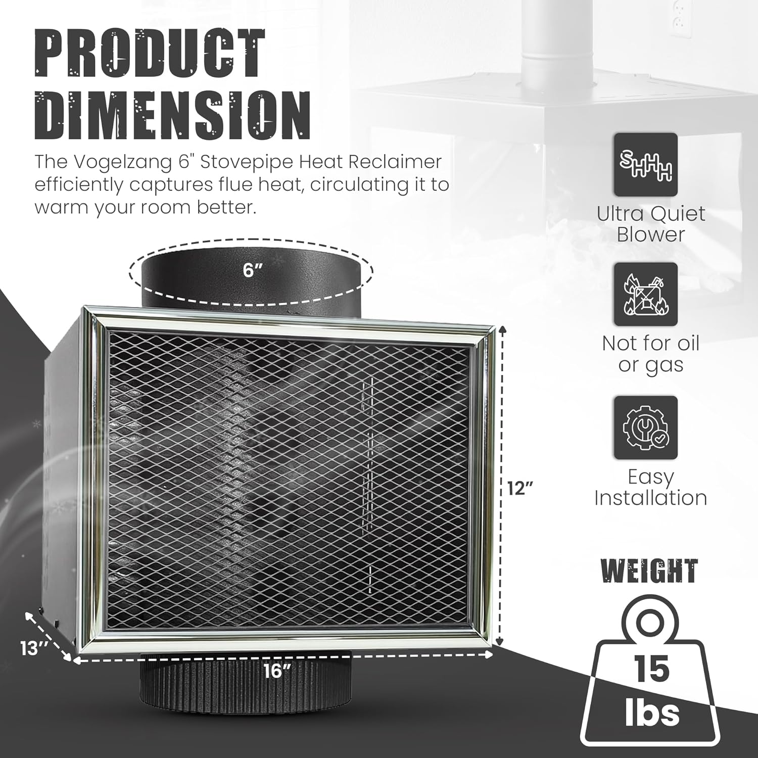 Vogelzang 6" Stovepipe Heat Reclaimer | Steel Heat Exchanger with Fan | Thermostatically Controlled with Quiet Fan | Black Matte Finish with Chrome Trim | 6' Cord Included