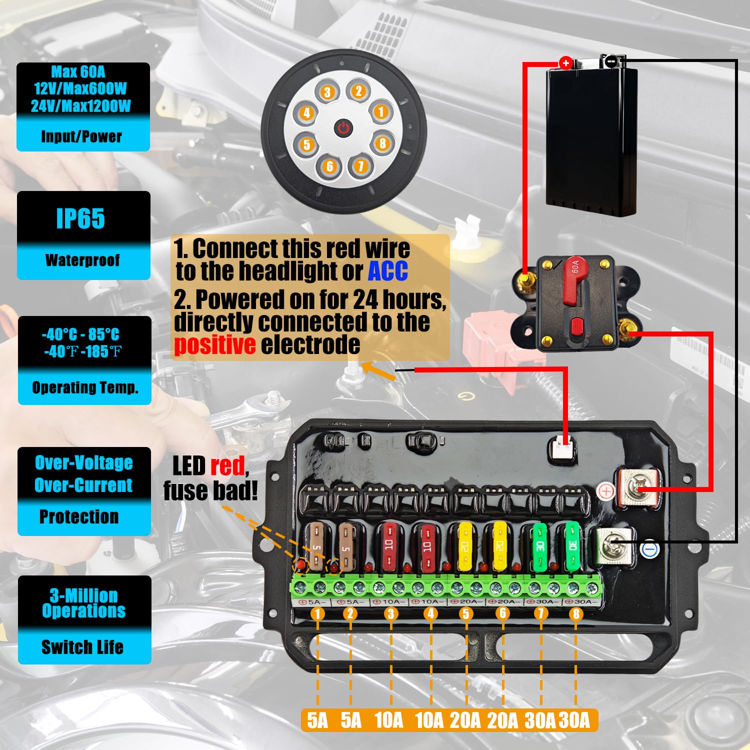 Wireless 8 Button Switch Panel Auxiliary Light Control for Jeep Pickup Truck SUV UTV ATV60A SSR Circuit Control IP65 Waterproof 8 Gang Monochrome Switch Panel w/Holder & Charging Port