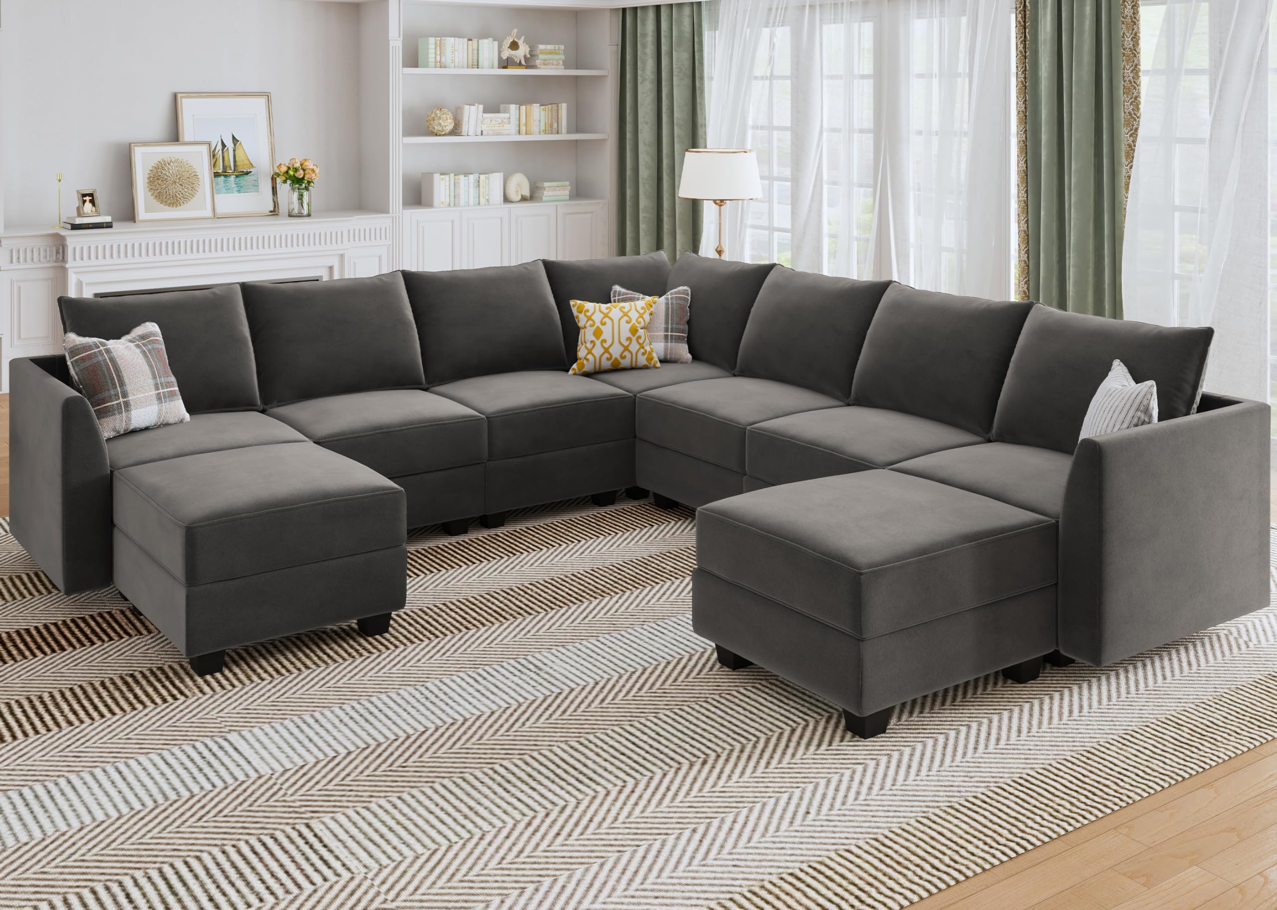 HONBAY Modular Sectional Sofa Velvet U Shaped Couch with Storage Oversized Sectional Sofa Couch for Living Room, Grey