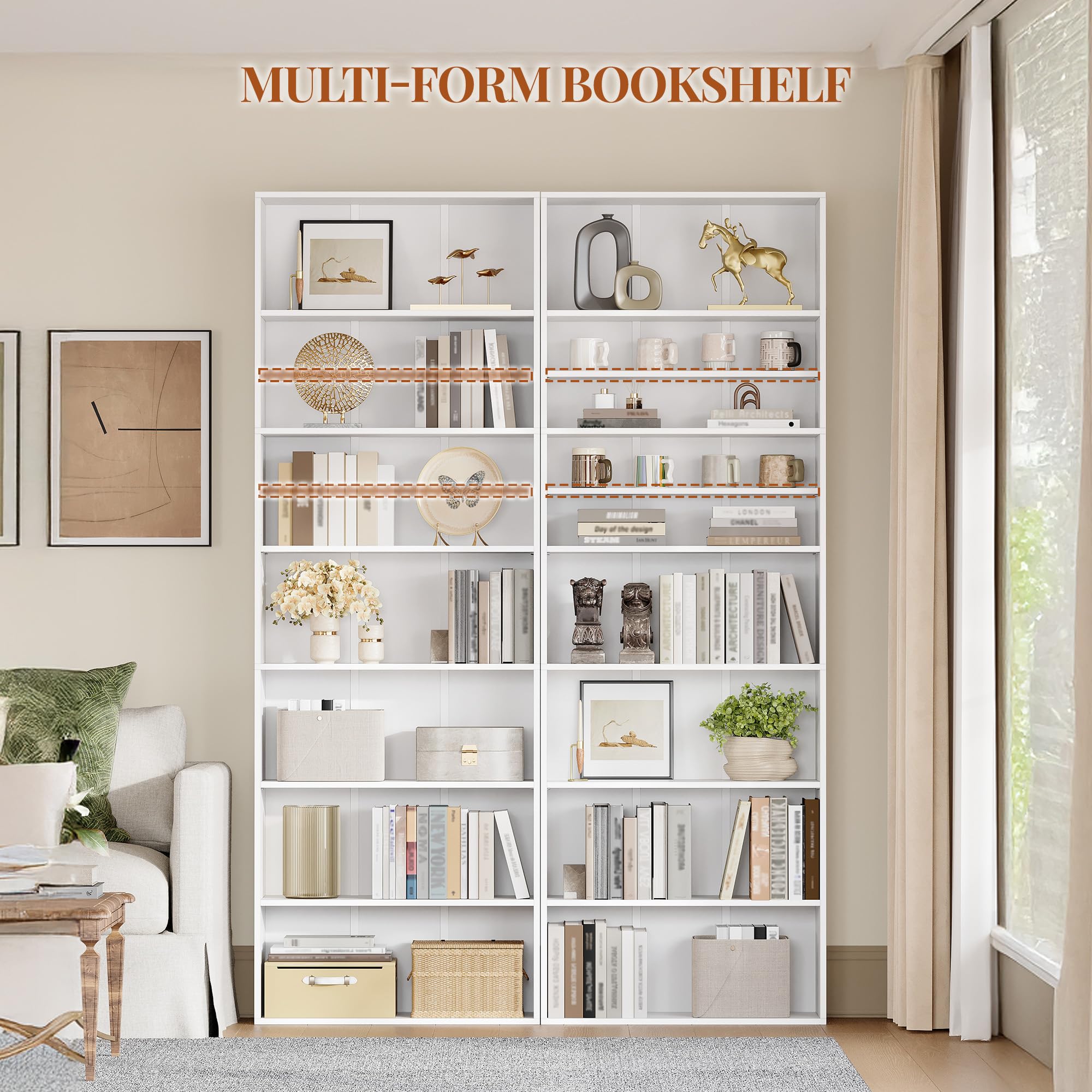 HEXCELEN Bibliothèque, Étagère de Rangement, Étagère à 7 Niveaux, Meuble de Rangement, pour Salon, Bureau, Chambre, Blanc, 24 x 60 x 205 cm