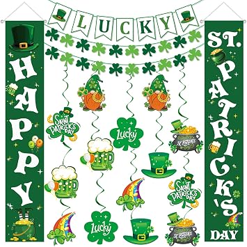 Happy St. Patricks Day Decorations Decor- Shamrock Saint Patricks Day Decorations Porch Banner, LUCKY Banner, 14 Hanging Swirls, 2 Shamrock Garlands for Home Office Classroom Party Supplies, Green