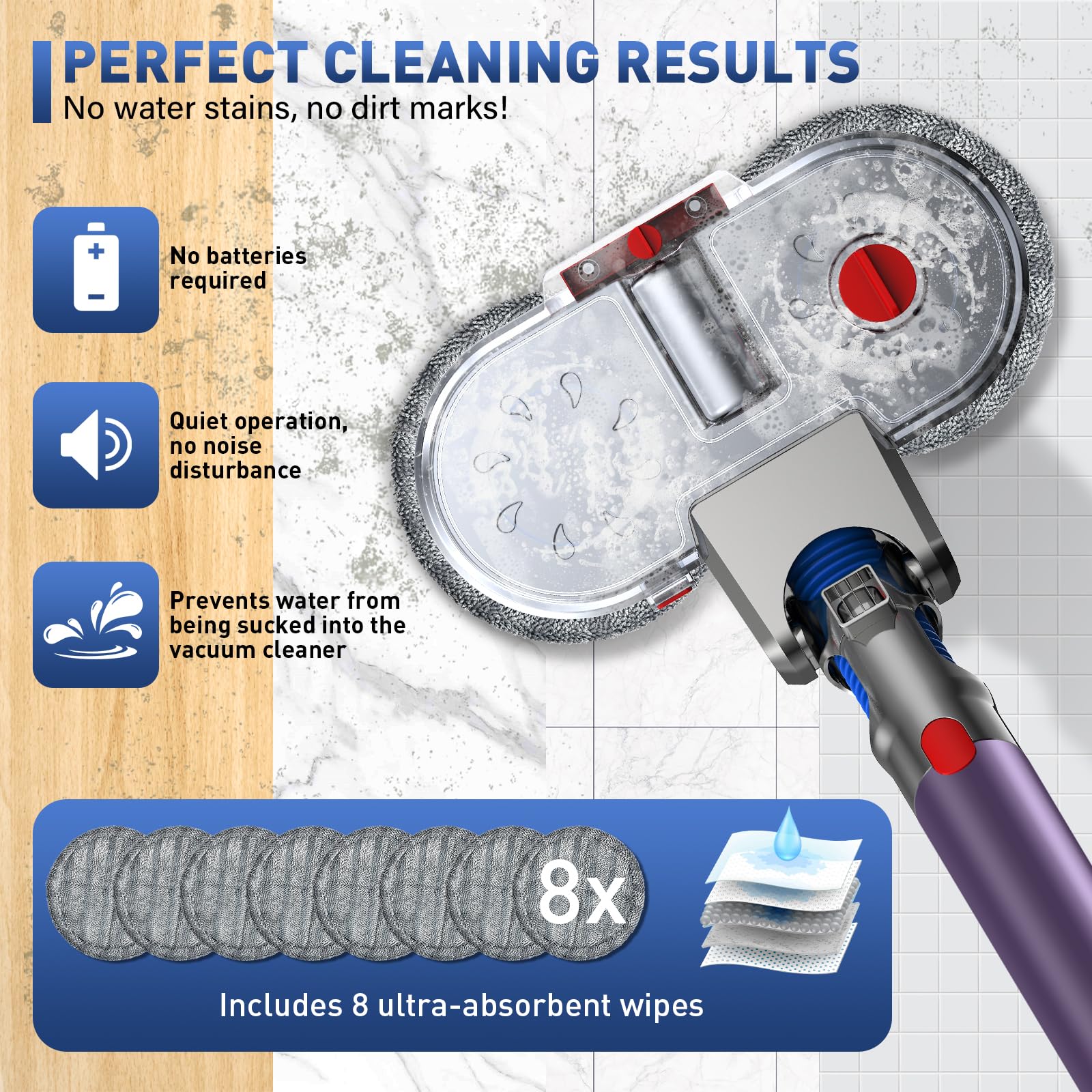 NIKYJM Testa di Mocio Elettrico per Aspirapolvere Dyson V7 V8 V10 V11 V15 Spazzola Lavapavimenti per Dyson con Serbatoio Rimovibile, Contenitore di Riempimento e 8 Panni Lavabili